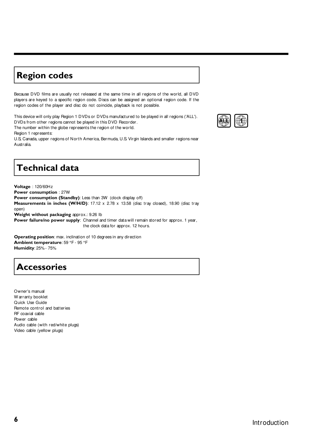 Magnavox MRV640 manual Region codes, Technical data, Accessories 