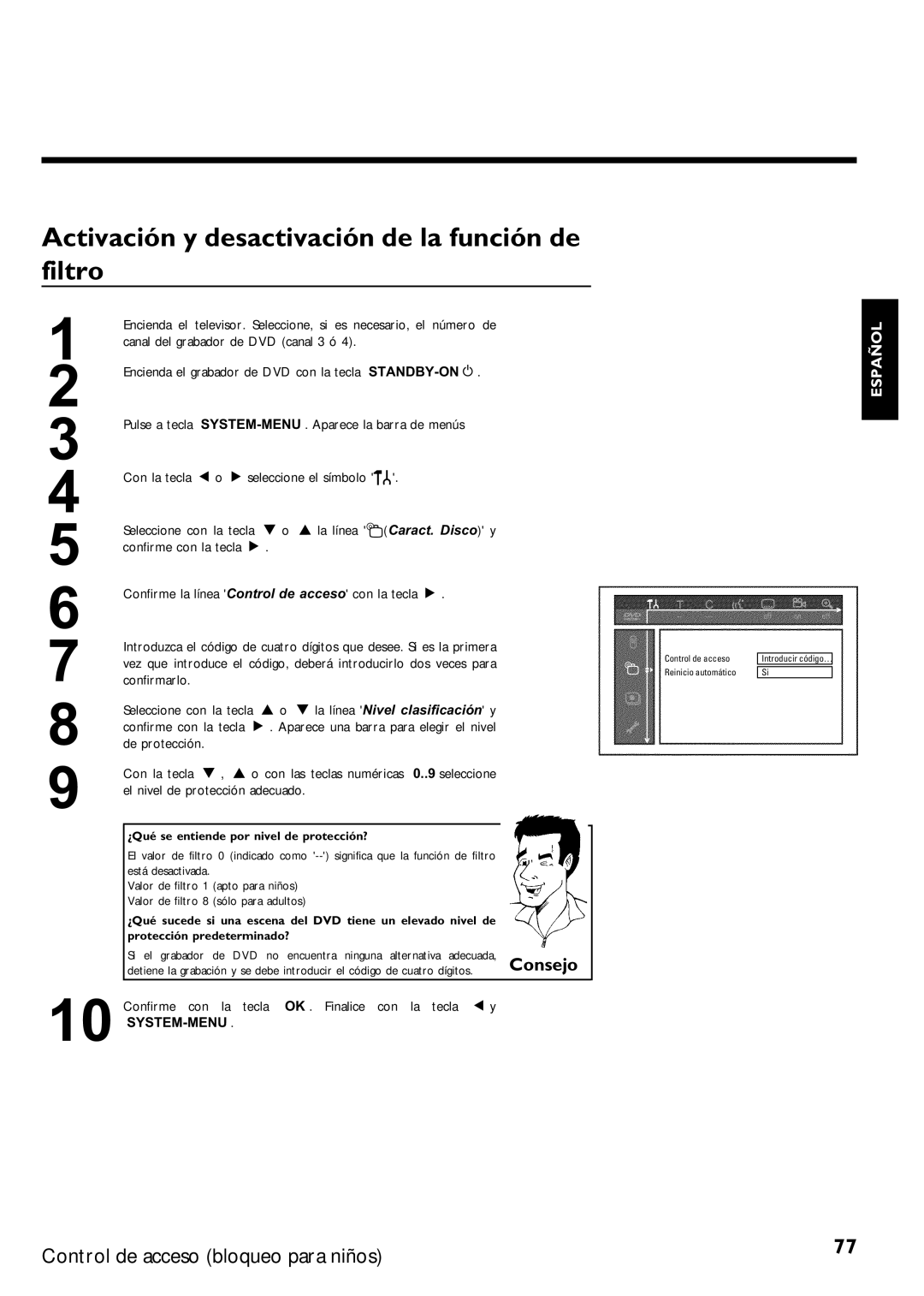 Magnavox MRV640 manual Activación y desactivación de la función de filtro, Confirmarlo, De protección Con la tecla B 