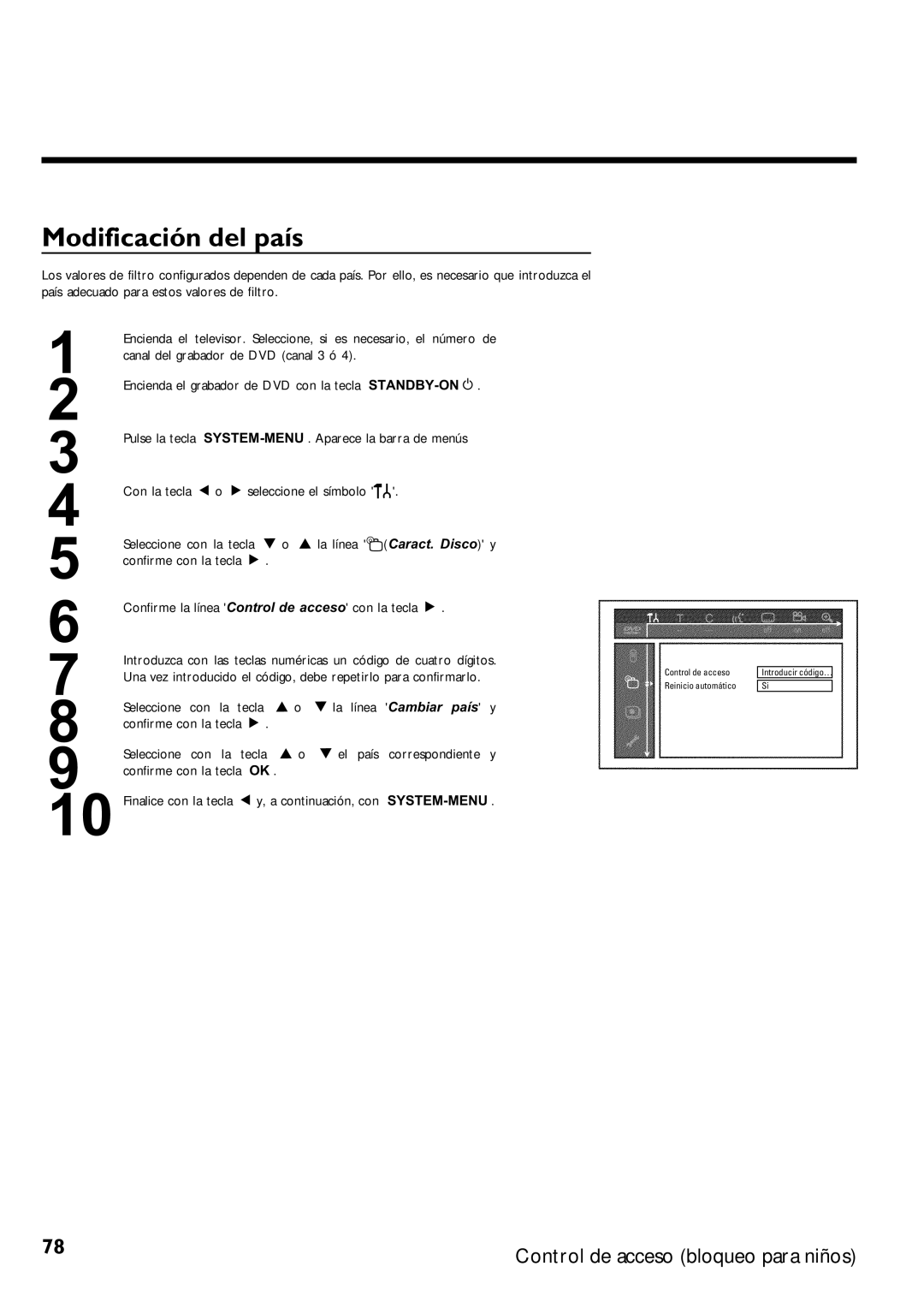 Magnavox MRV640 manual Modificación del país 