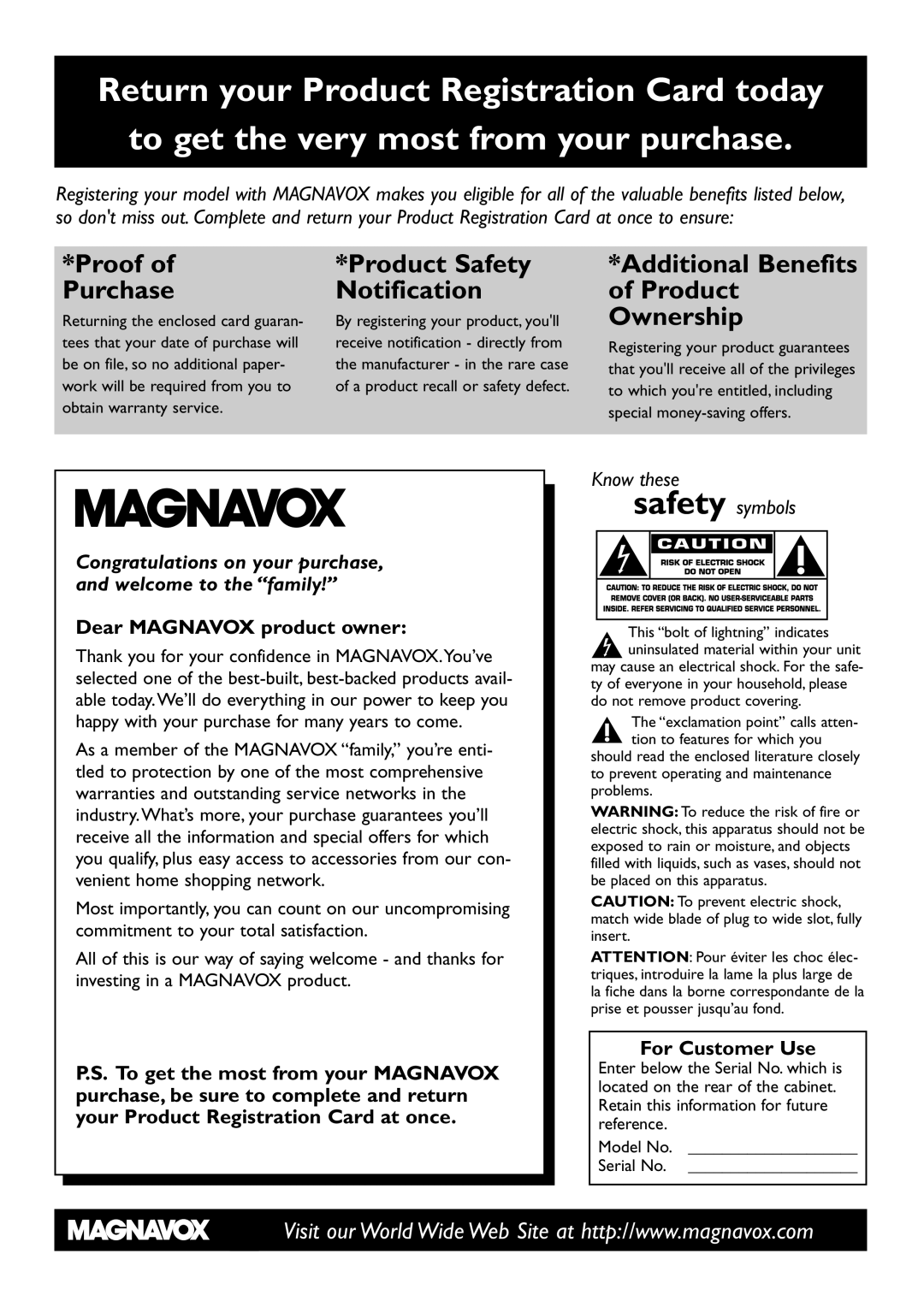 Magnavox MRV640 manual Proof Product Safety 