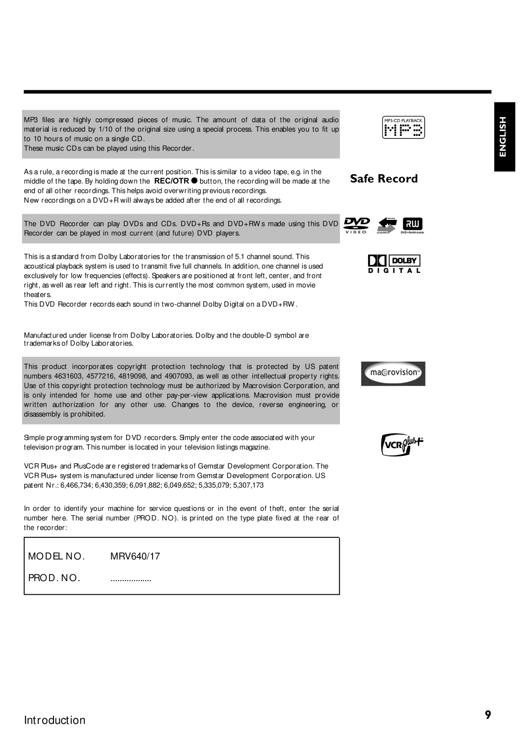 Magnavox MRV640 manual Model no 