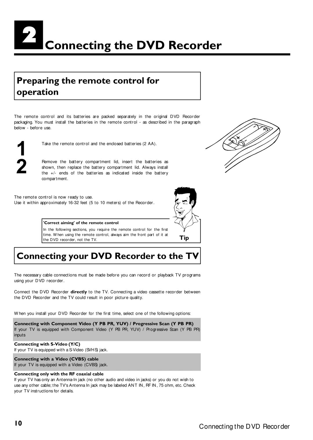 Magnavox MRV640 manual BConnecting the DVD Recorder, Preparing the remote control for operation, Tip 