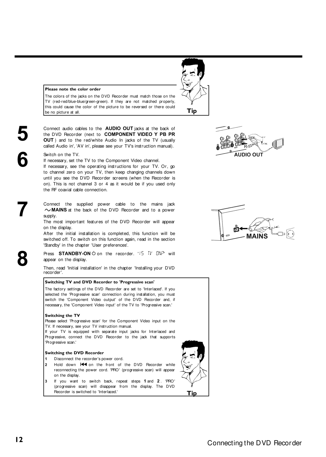 Magnavox MRV640 manual Please note the color order, Switching TV and DVD Recorder to Progressive scan, Switching the TV 