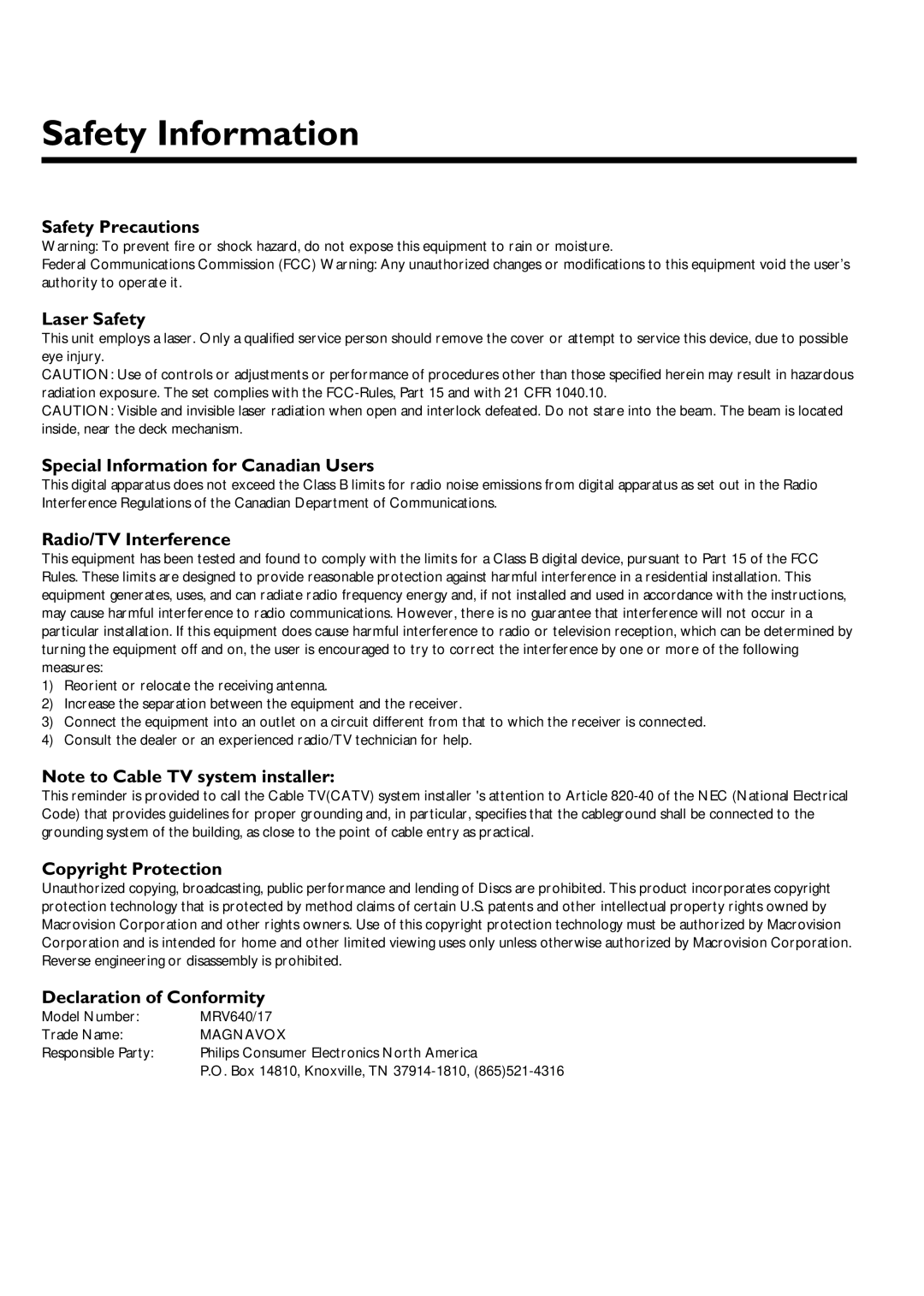 Magnavox MRV640 manual Safety Information 