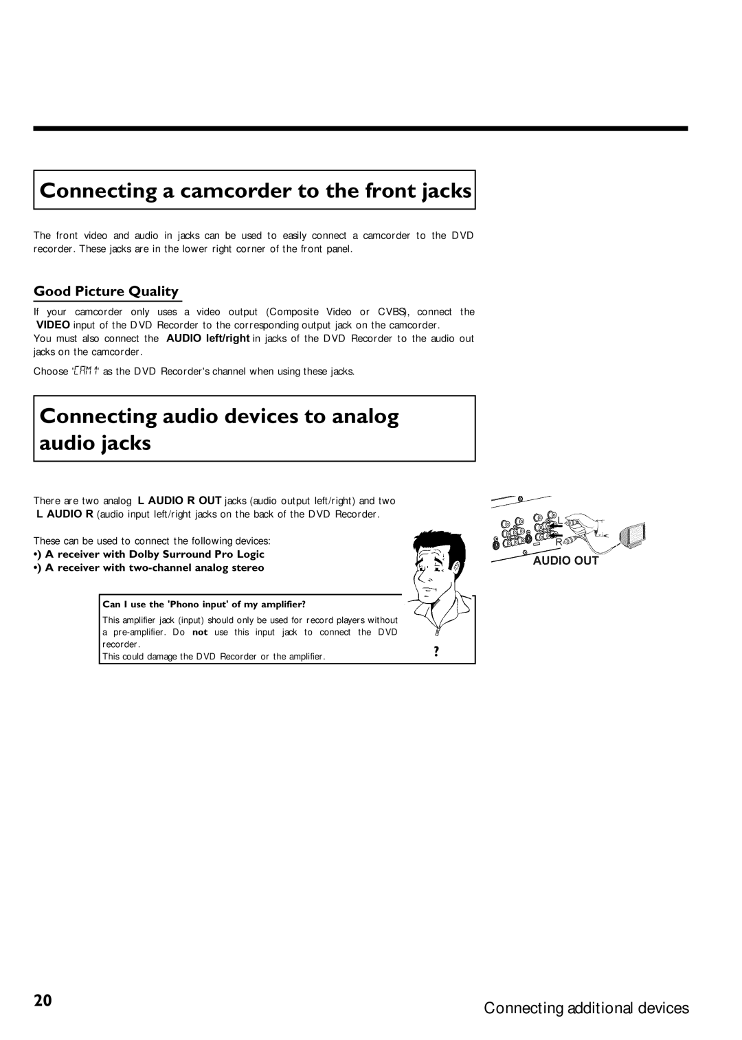 Magnavox MRV640 manual Connecting a camcorder to the front jacks, Connecting audio devices to analog audio jacks 