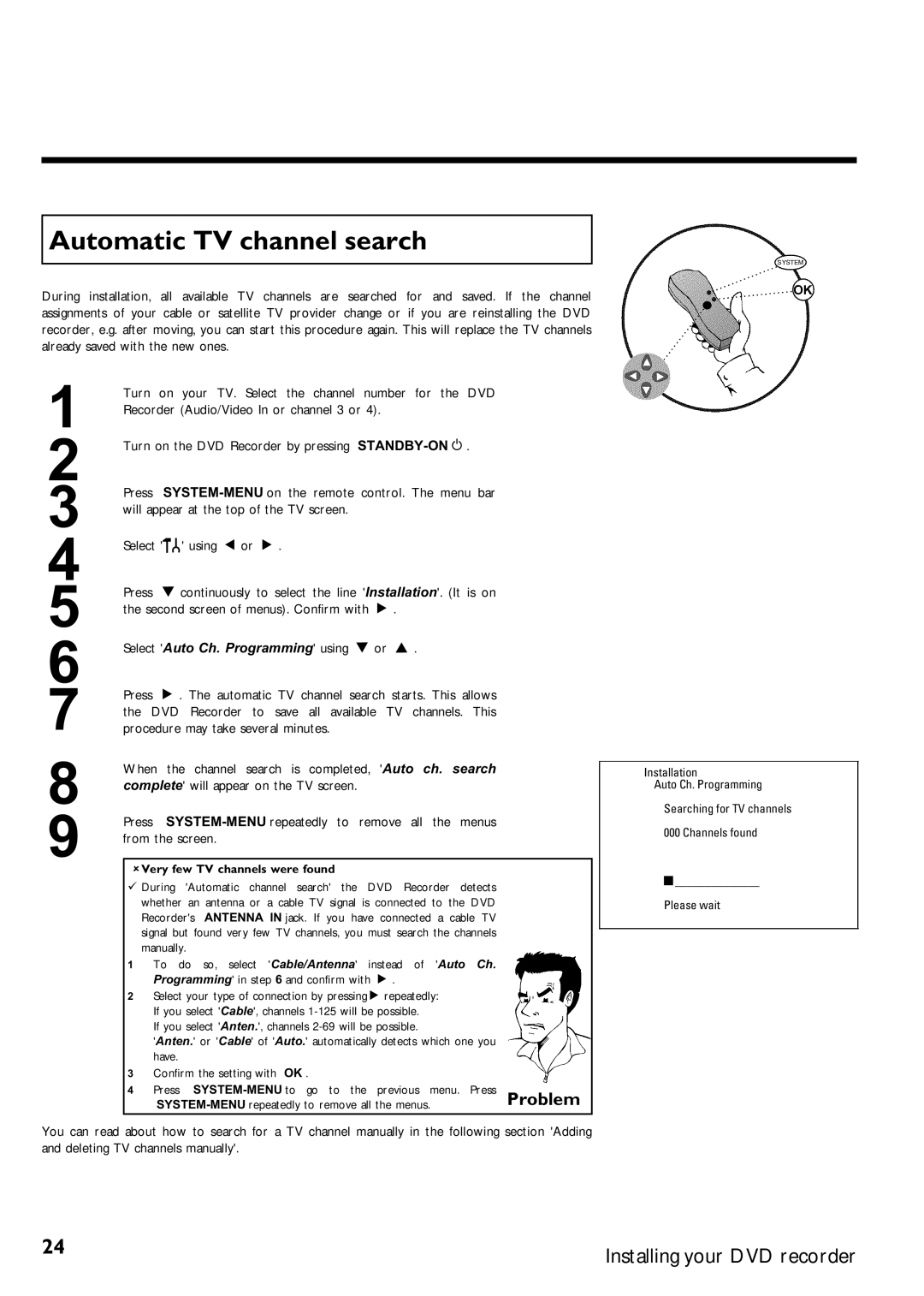 Magnavox MRV640 manual Automatic TV channel search, AVery few TV channels were found 