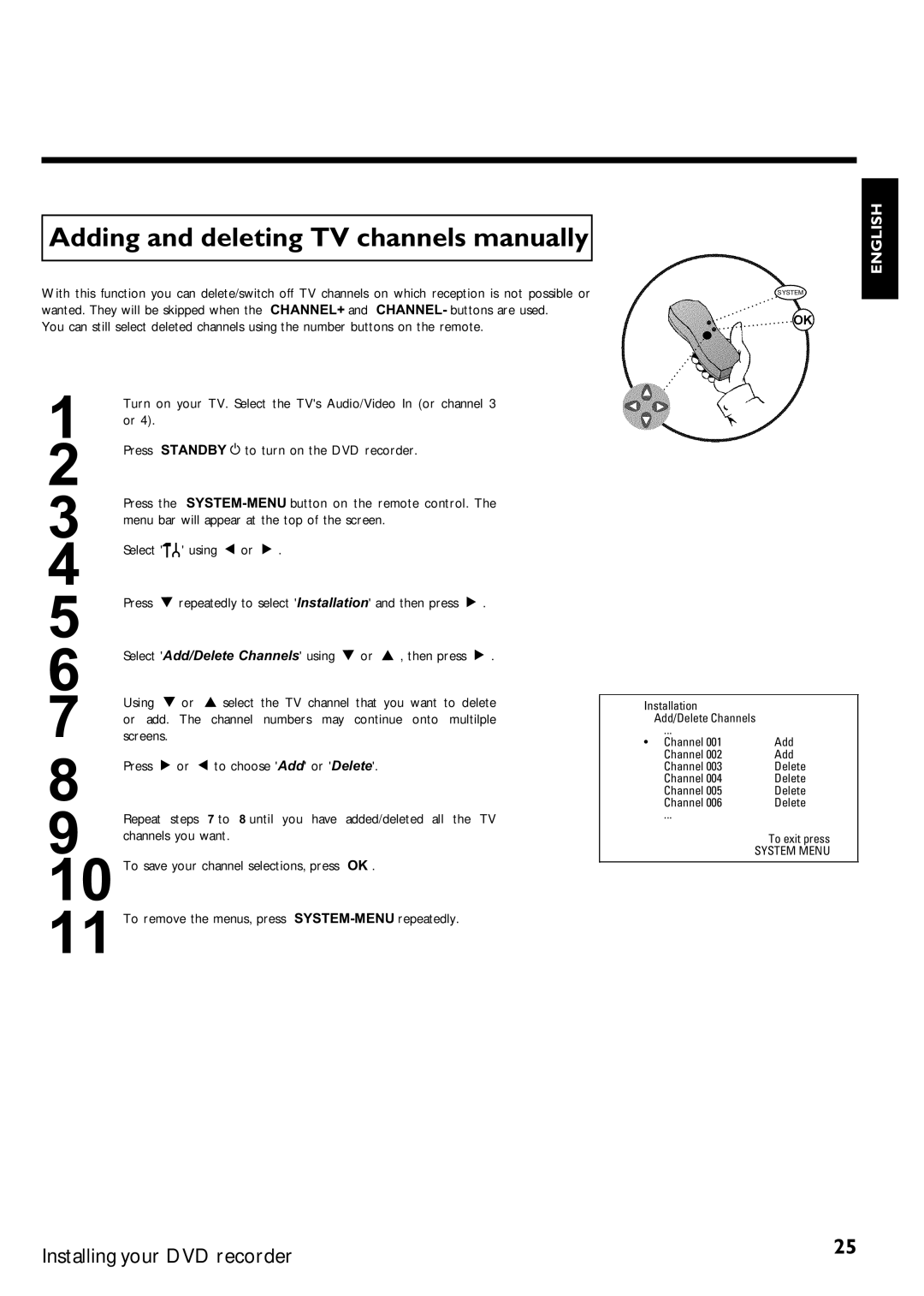 Magnavox MRV640 Adding and deleting TV channels manually 