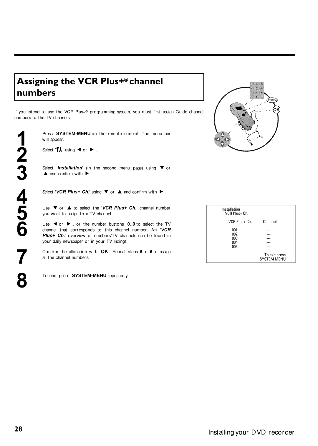 Magnavox MRV640 manual Assigning the VCR Plus+ channel numbers, Second menu page using B or 
