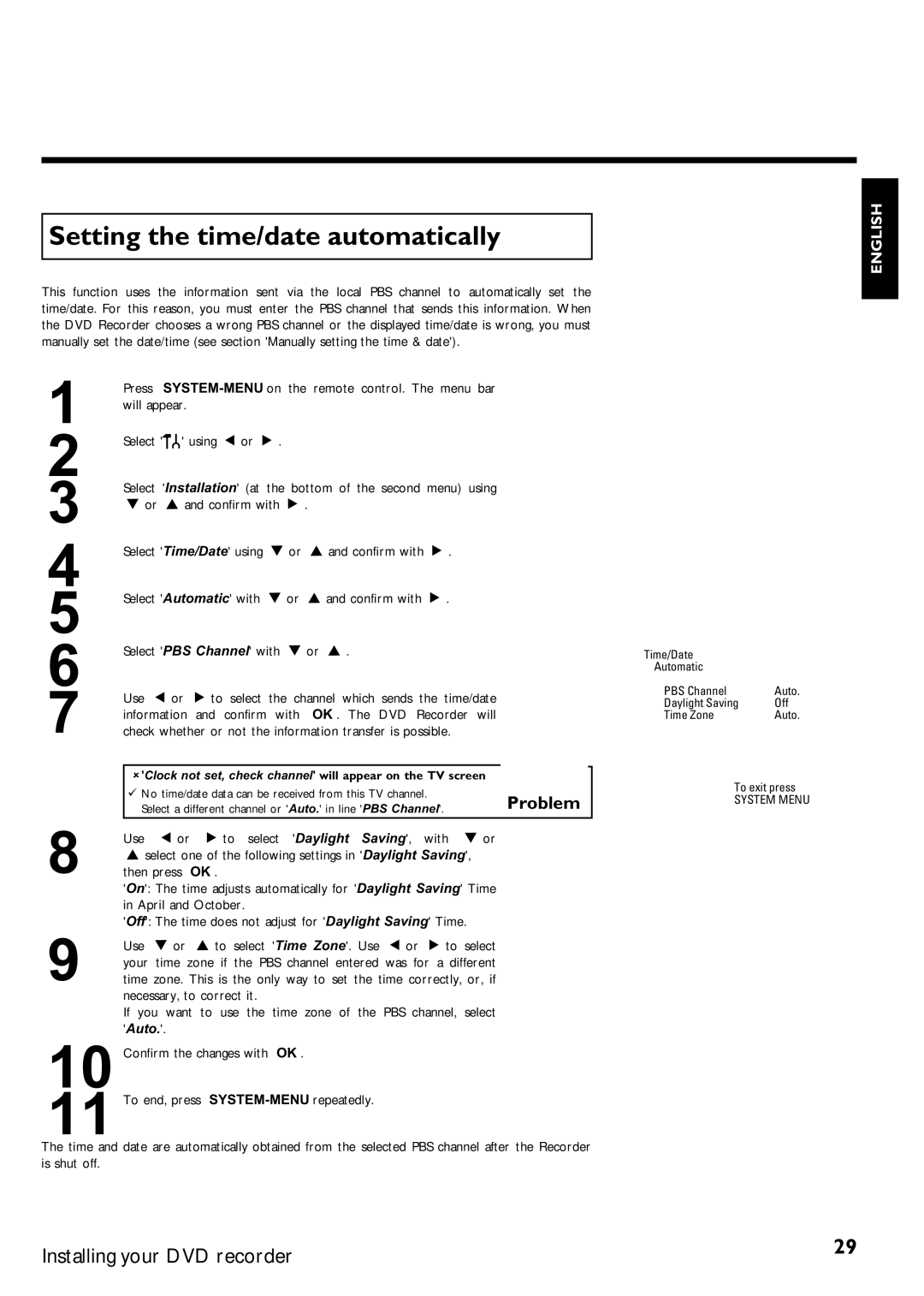 Magnavox MRV640 manual Setting the time/date automatically, Problem 