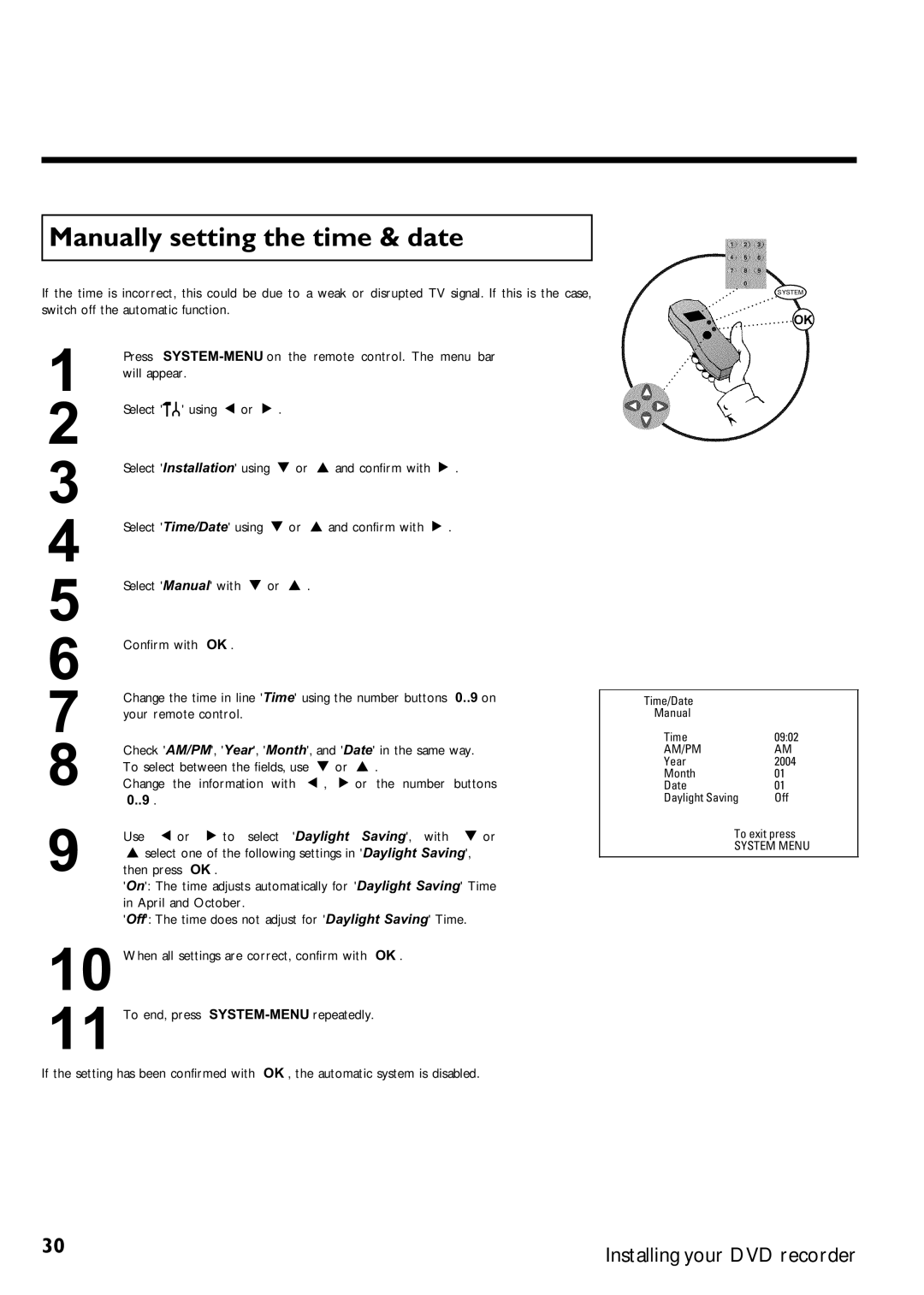 Magnavox MRV640 manual Manually setting the time & date 