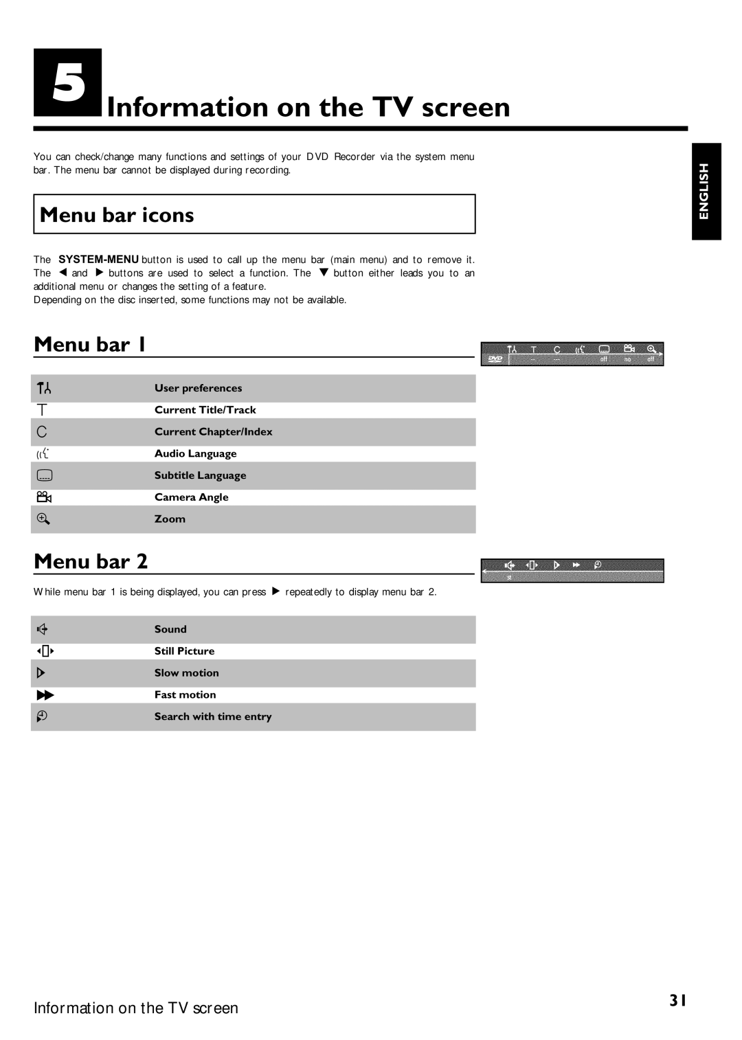 Magnavox MRV640 manual EInformation on the TV screen, Menu bar icons 