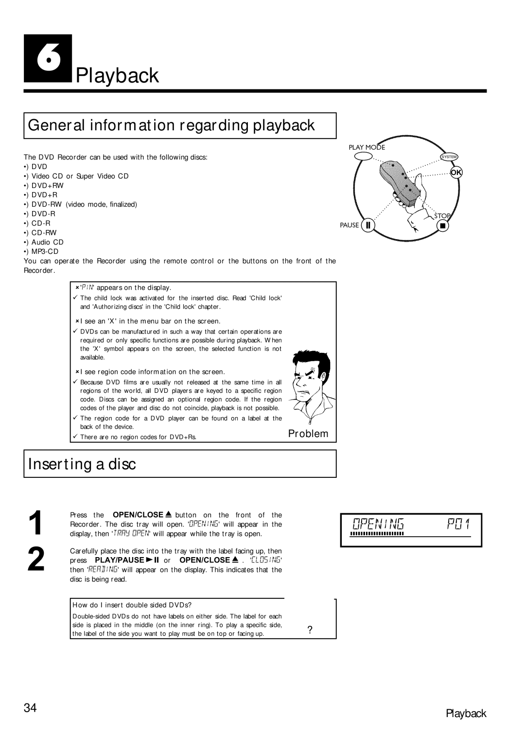 Magnavox MRV640 manual FPlayback, General information regarding playback, Inserting a disc 