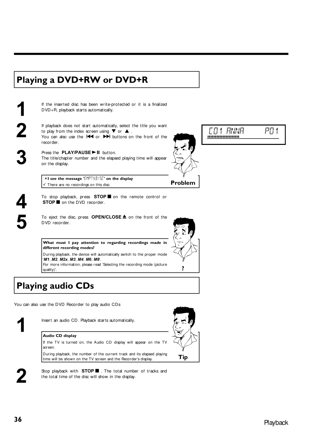 Magnavox MRV640 manual Playing a DVD+RW or DVD+R, Playing audio CDs, Audio CD display 