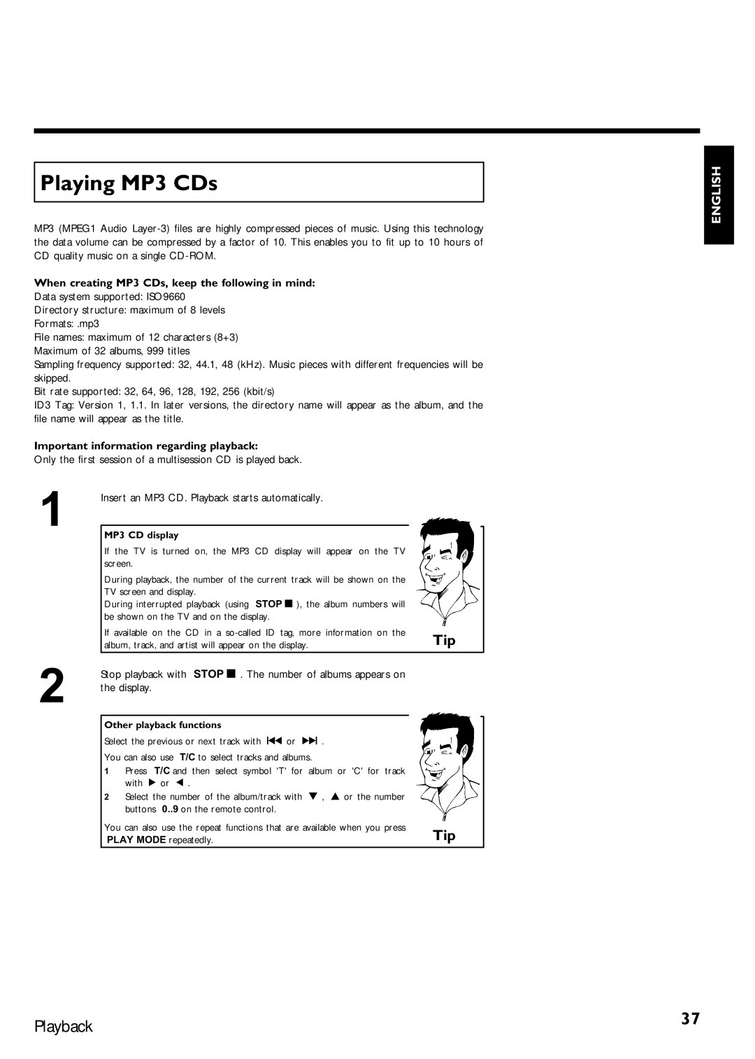 Magnavox MRV640 manual Playing MP3 CDs, When creating MP3 CDs, keep the following in mind, MP3 CD display 