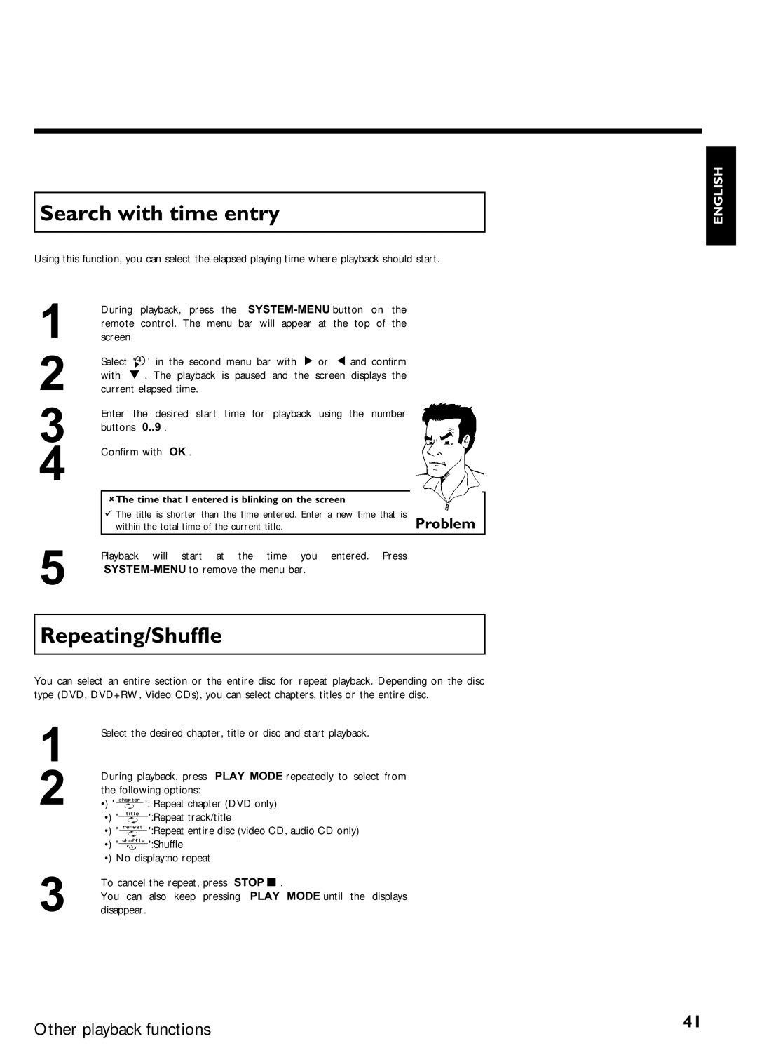 Magnavox MRV640 manual Search with time entry, Repeating/Shuffle, No displayno repeat 