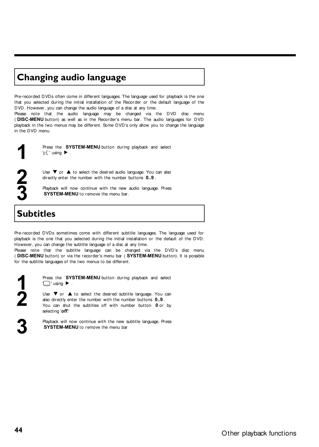 Magnavox MRV640 manual Changing audio language, Subtitles 