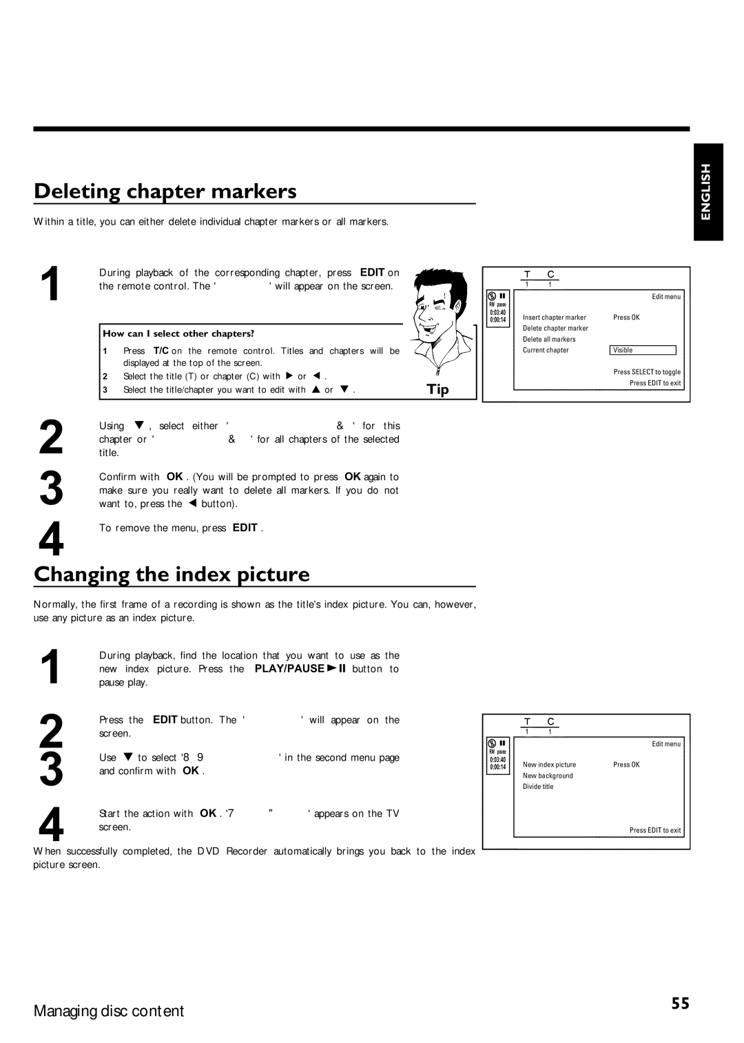 Magnavox MRV640 manual Deleting chapter markers, Changing the index picture, How can I select other chapters? 