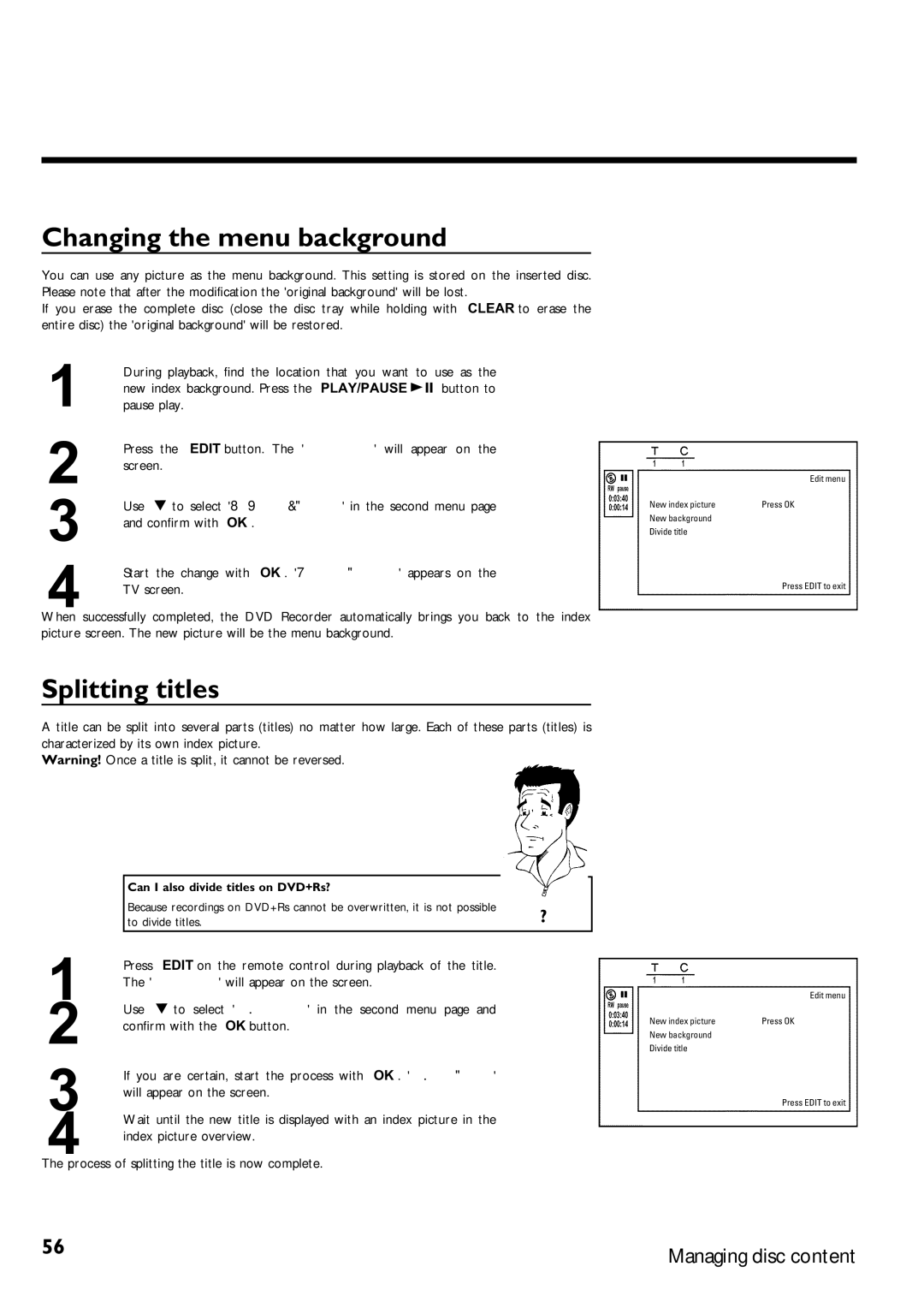 Magnavox MRV640 manual Changing the menu background, Splitting titles, Can I also divide titles on DVD+Rs? 