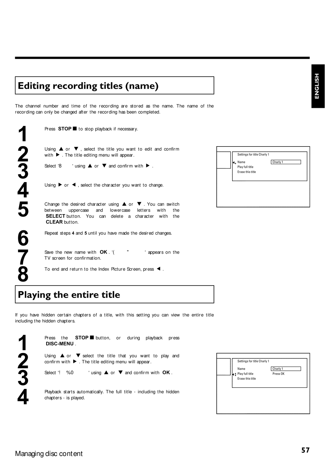 Magnavox MRV640 manual Editing recording titles name, Playing the entire title 