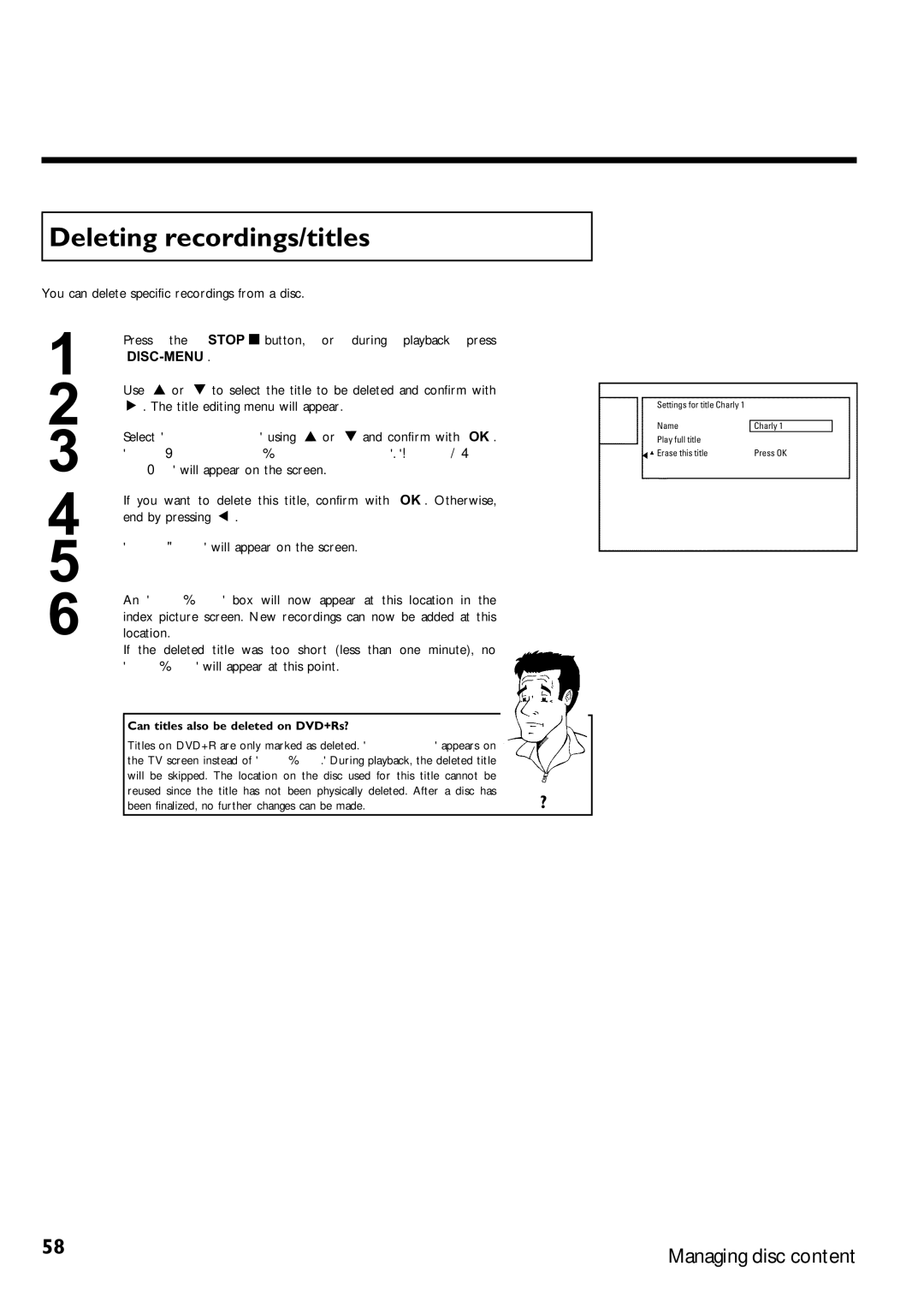 Magnavox MRV640 manual Deleting recordings/titles, Can titles also be deleted on DVD+Rs? 