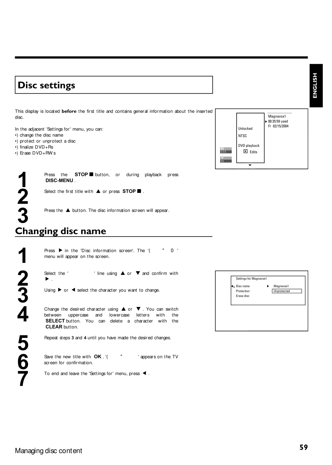 Magnavox MRV640 manual Disc settings, Changing disc name 