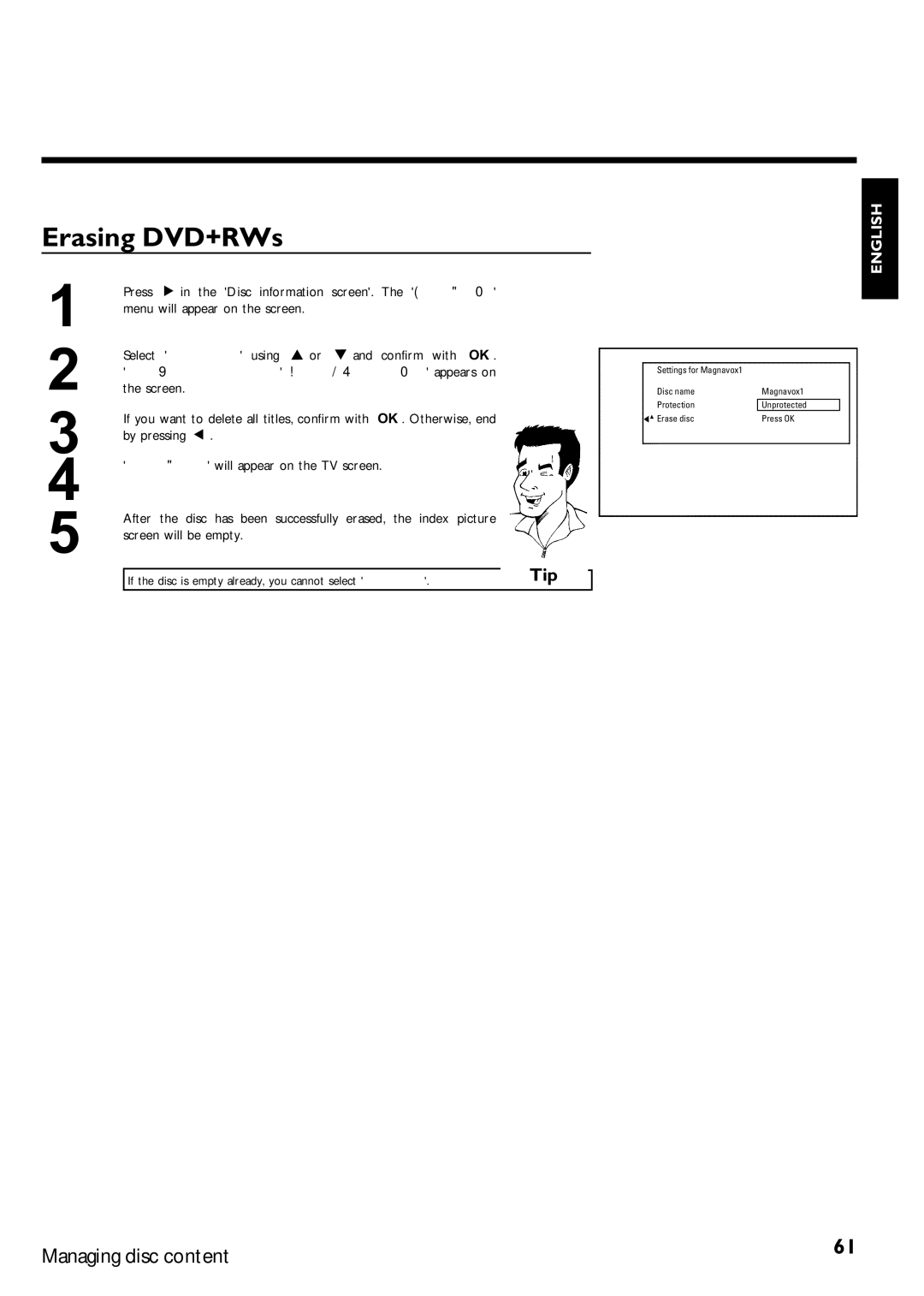 Magnavox MRV640 manual Erasing DVD+RWs, Tip 