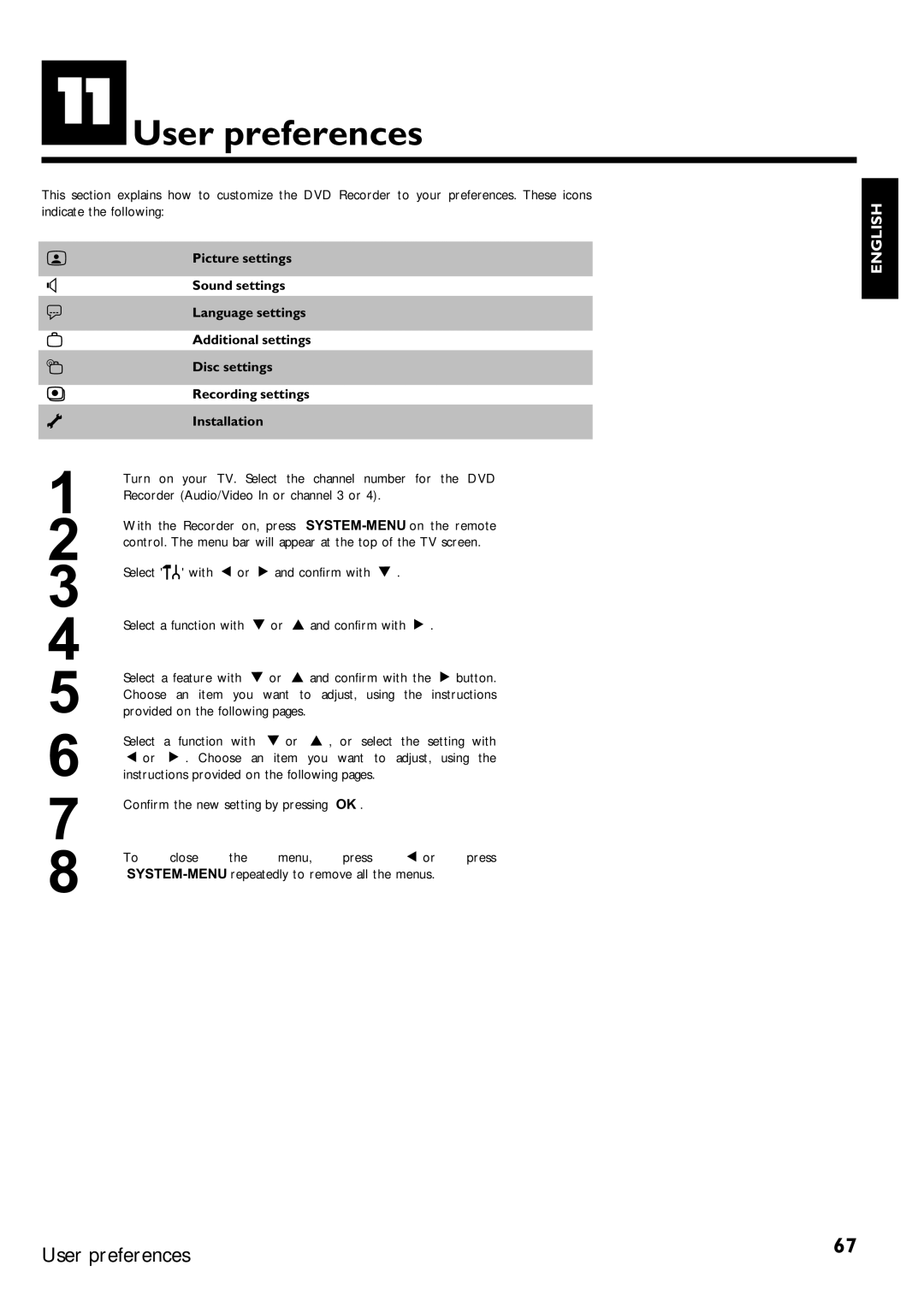 Magnavox MRV640 manual KUser preferences, Choose An item you want to, SYSTEM-MENU repeatedly to remove all the menus 