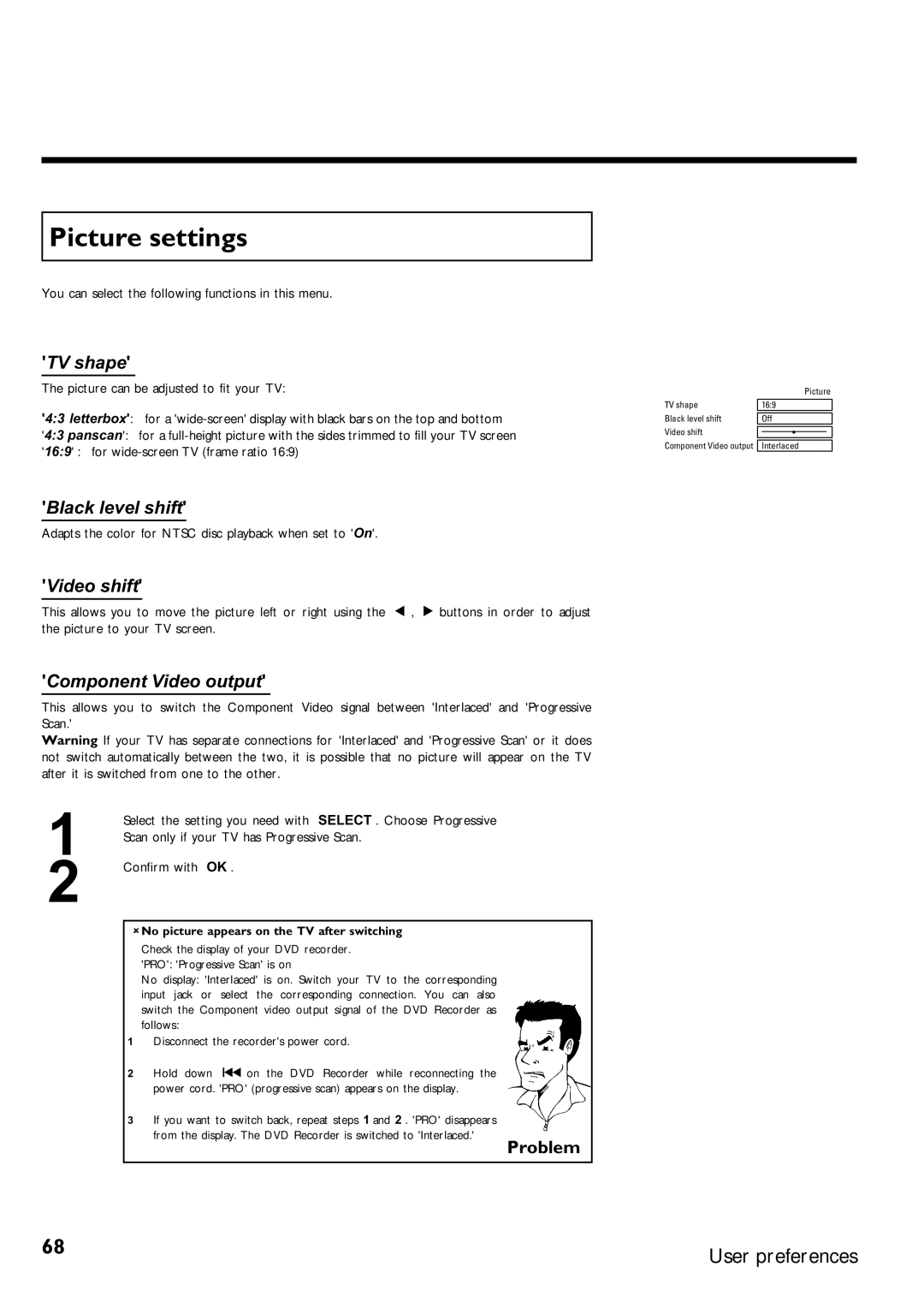 Magnavox MRV640 manual Picture settings, You can select the following functions in this menu 