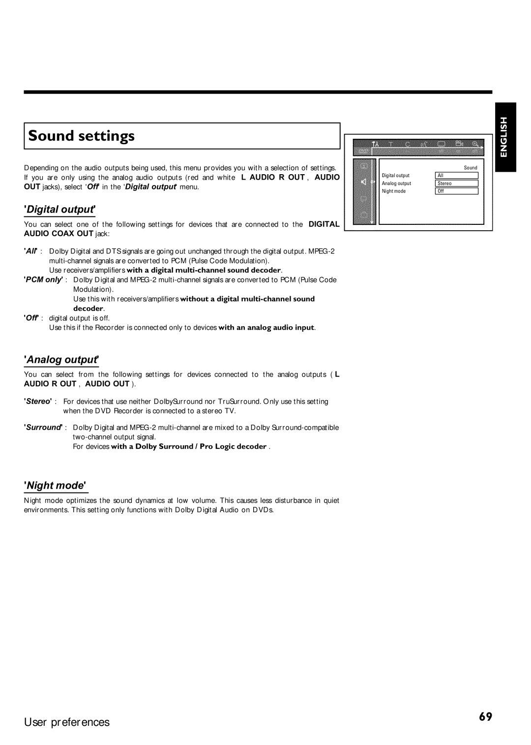 Magnavox MRV640 manual Sound settings, Use receivers/amplifiers with a digital multi sound decoder 
