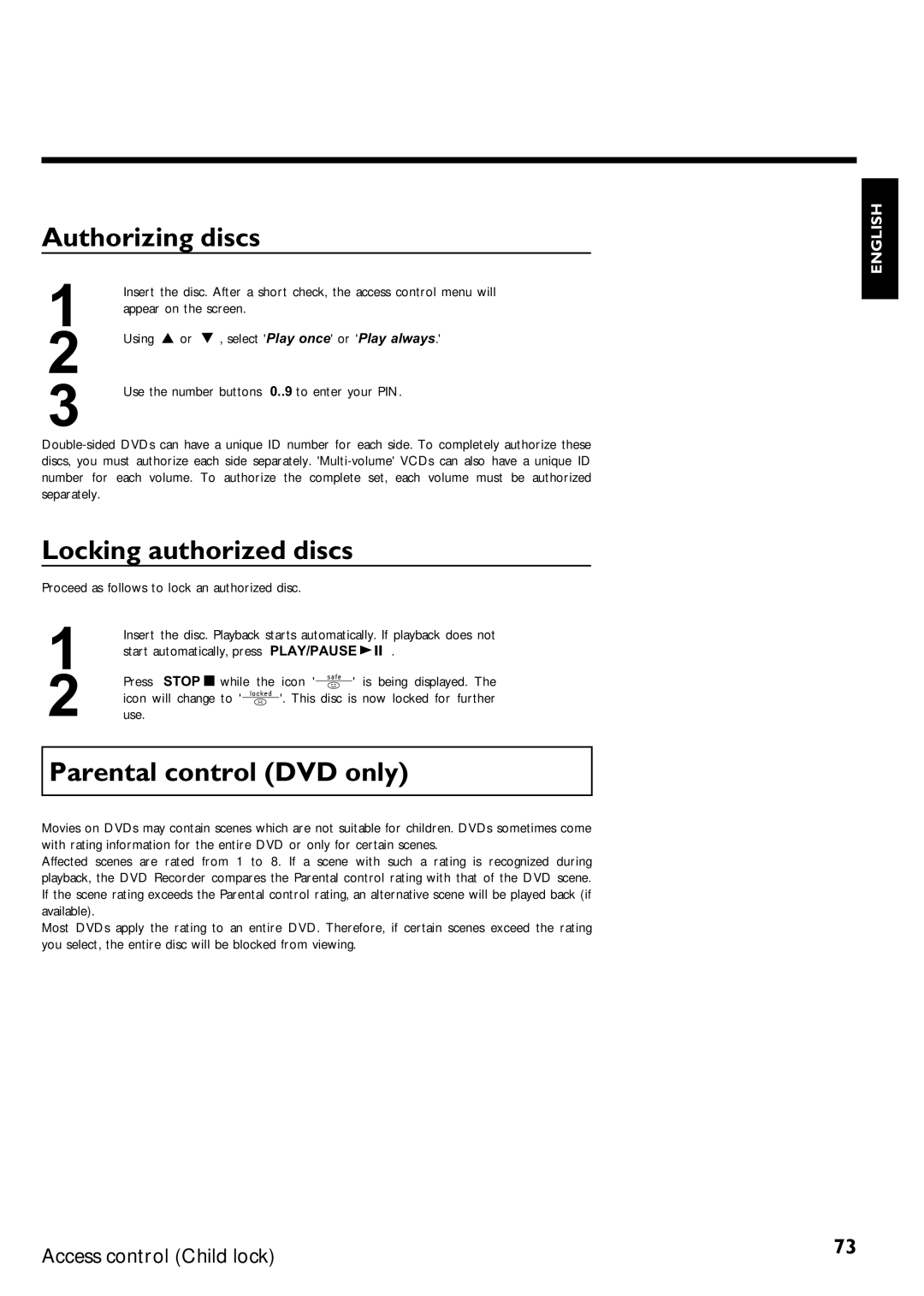 Magnavox MRV640 manual Authorizing discs, Locking authorized discs, Parental control DVD only 