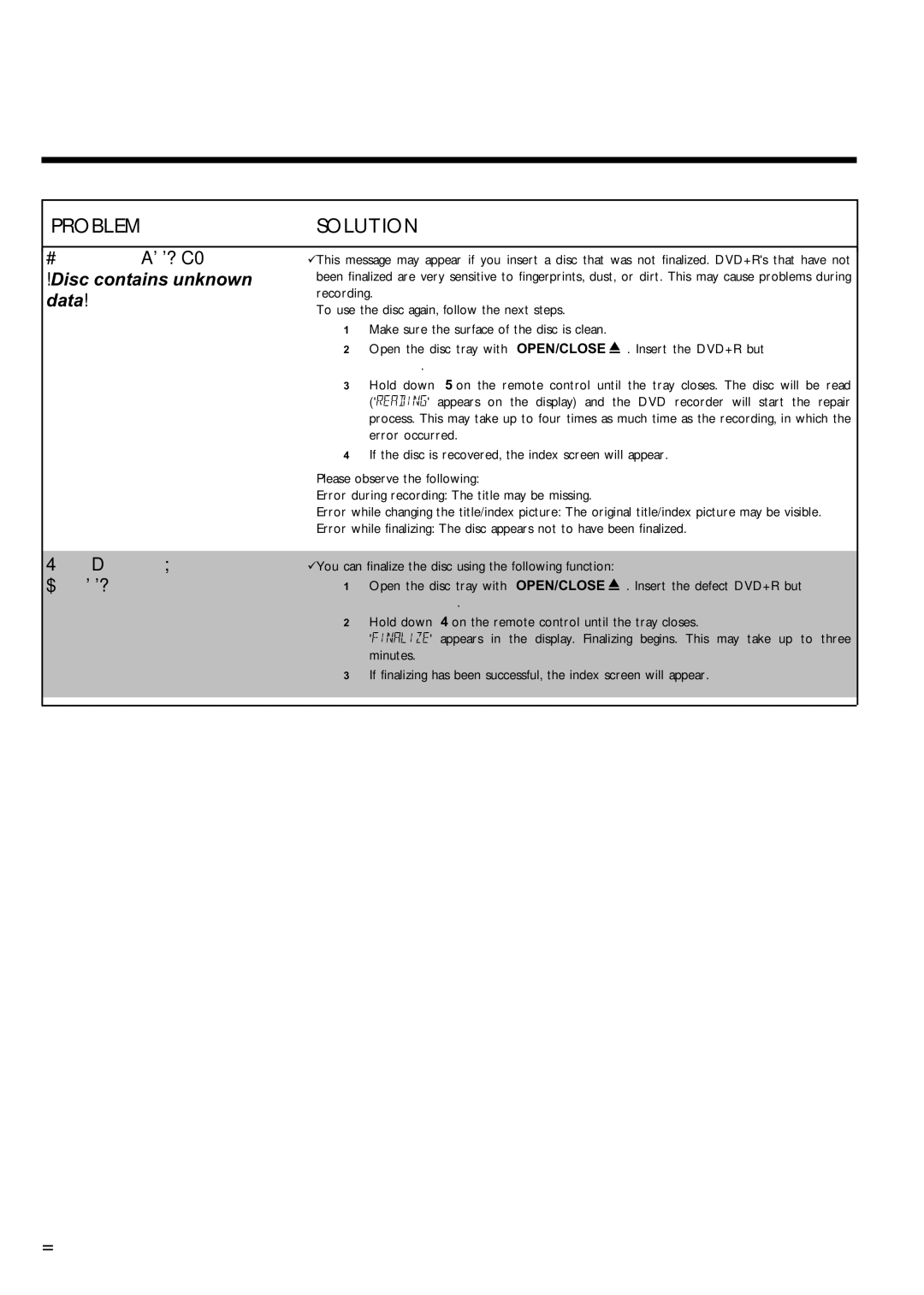 Magnavox MRV640 manual Other disc errors DVD+R, Disc contains unknown data, Index screen flickers when a DVD+R is inserted 