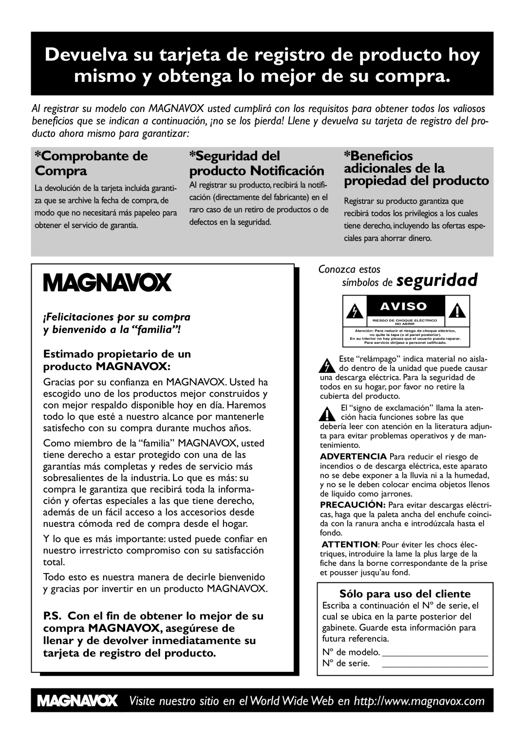 Magnavox MRV640 manual Recibirá todos los privilegios a los cuales, La devolución de la tarjeta incluida garanti 