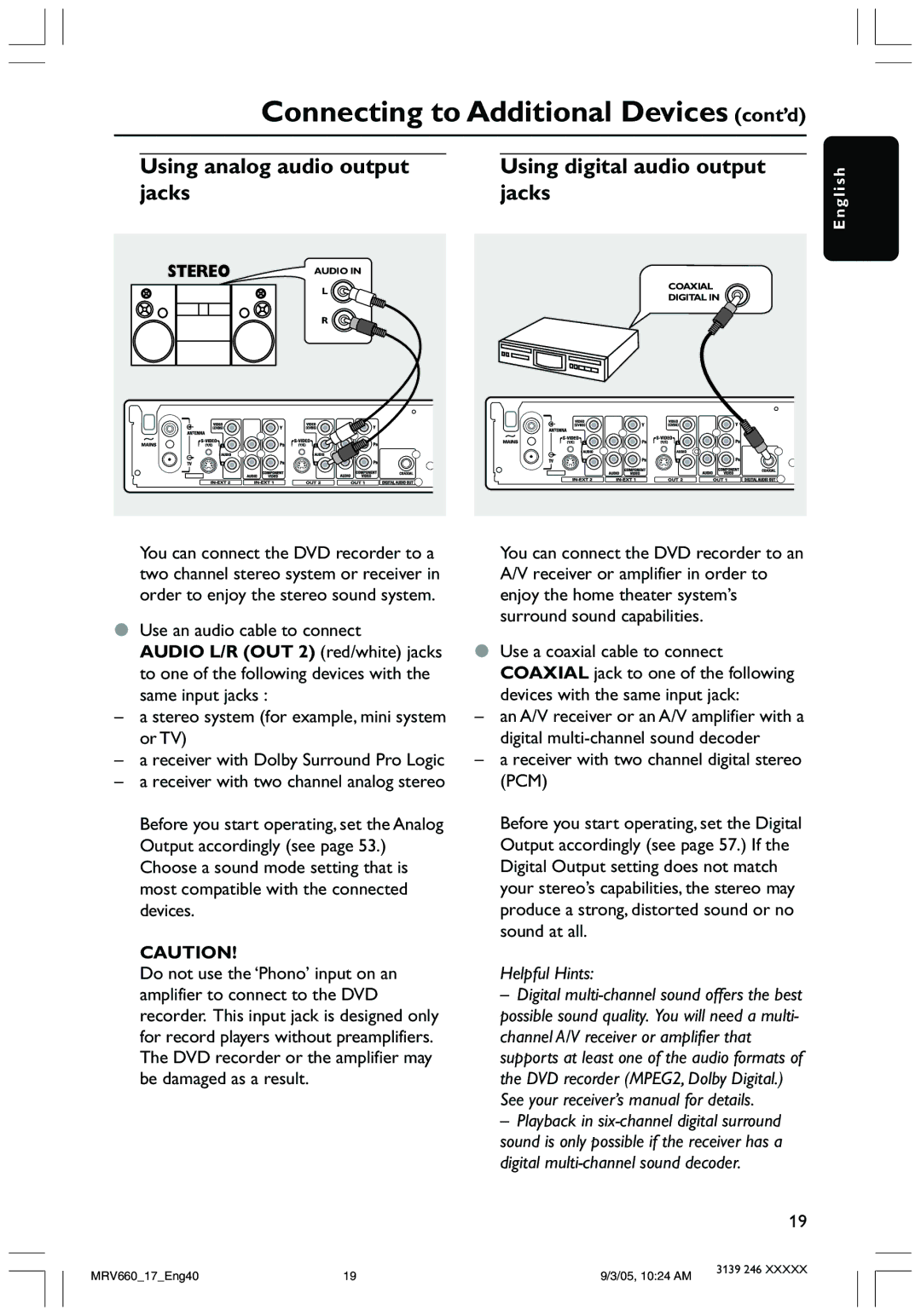 Magnavox MRV660 user manual Connecting to Additional Devices cont’d, Using analog audio output, Jacks, Stereo 