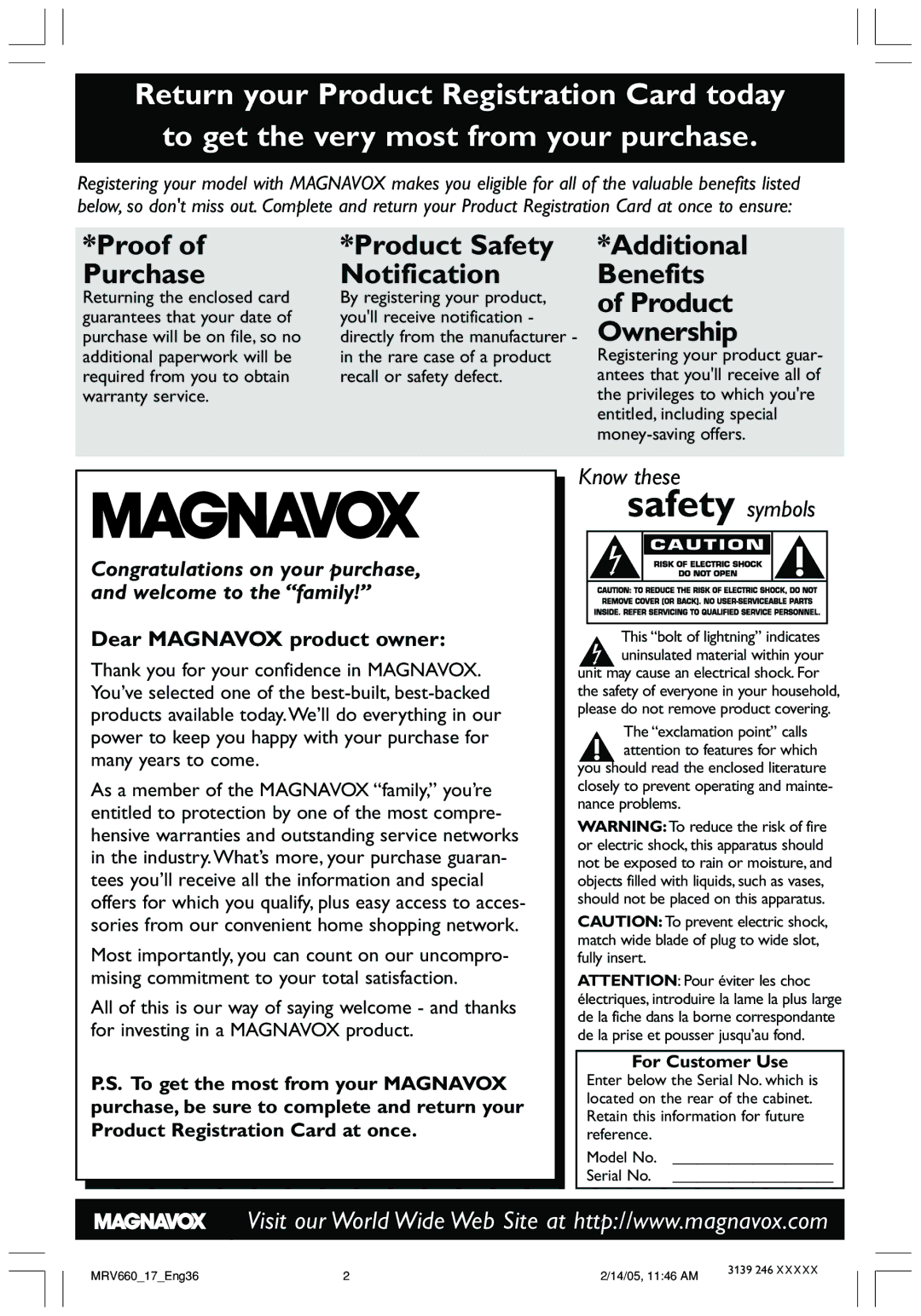 Magnavox MRV660 user manual Returning the enclosed card By registering your product, For Customer Use 