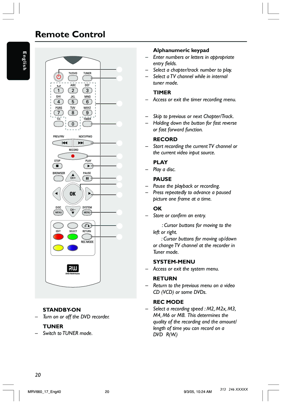 Magnavox MRV660 user manual Remote Control 