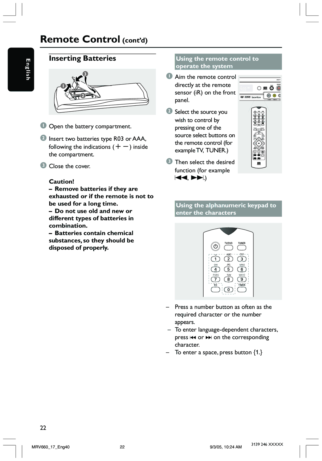 Magnavox MRV660 user manual Inserting Batteries, Using the remote control to operate the system 