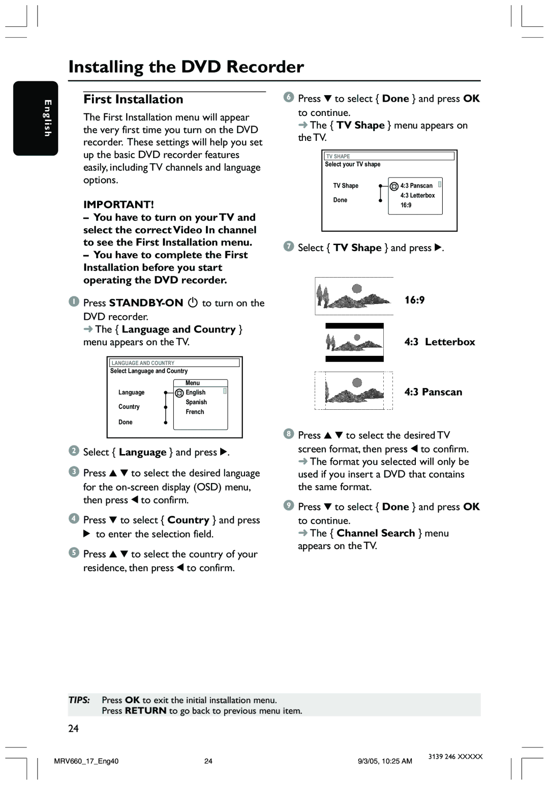 Magnavox MRV660 user manual Installing the DVD Recorder, First Installation, Language and Country menu appears on the TV 