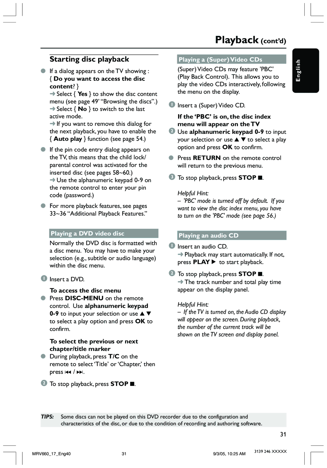 Magnavox MRV660 user manual Playback cont’d, Starting disc playback, Playing a Super Video CDs 