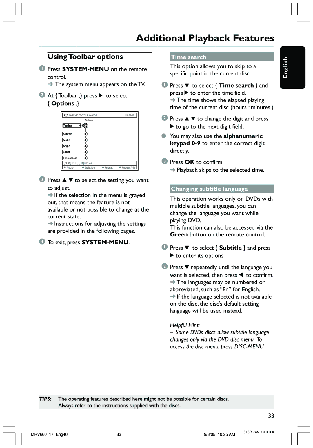 Magnavox MRV660 user manual Additional Playback Features, Using Toolbar options, Time search, Changing subtitle language 