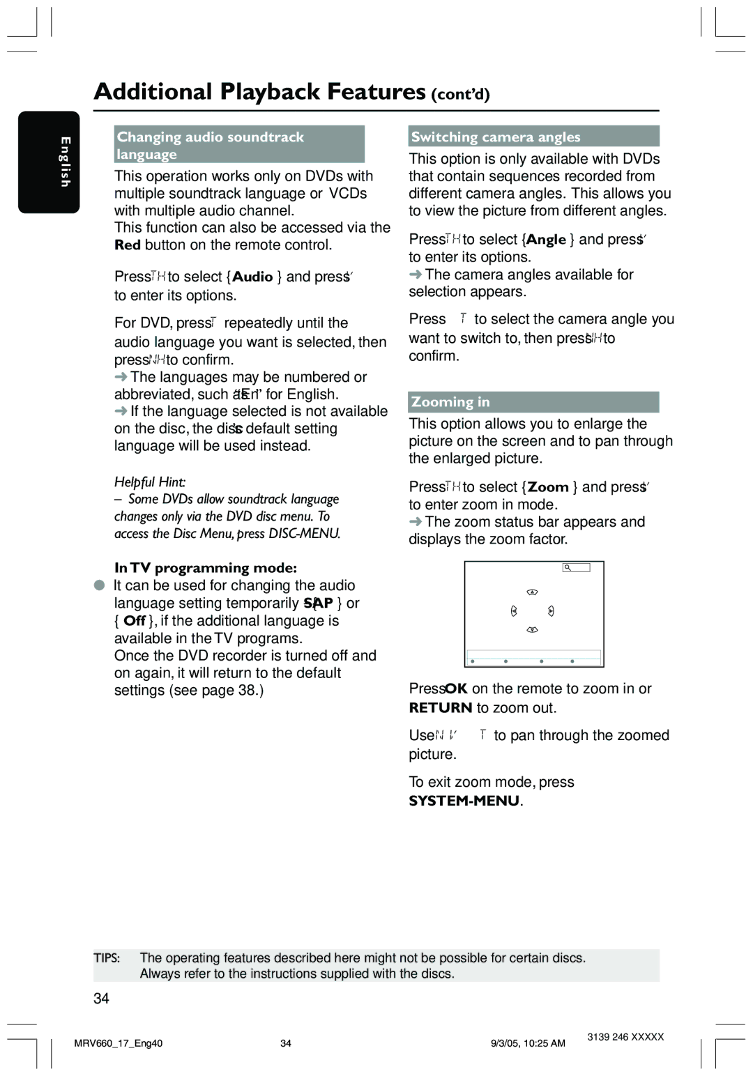 Magnavox MRV660 Additional Playback Features cont’d, Changing audio soundtrack language, TV programming mode, Zooming 