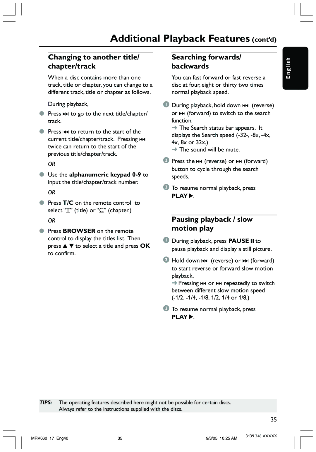 Magnavox MRV660 user manual Changing to another title/ chapter/track, Pausing playback / slow motion play 