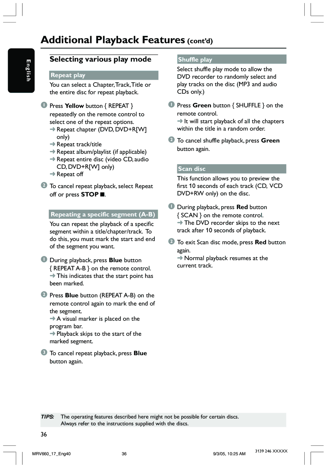 Magnavox MRV660 Selecting various play mode, Repeat play, Repeating a specific segment A-B, Shuffle play, Scan disc 