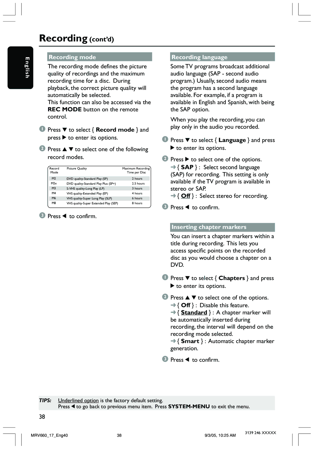 Magnavox MRV660 Recording cont’d, Recording mode Recording language, Press 1 to confirm, Inserting chapter markers 