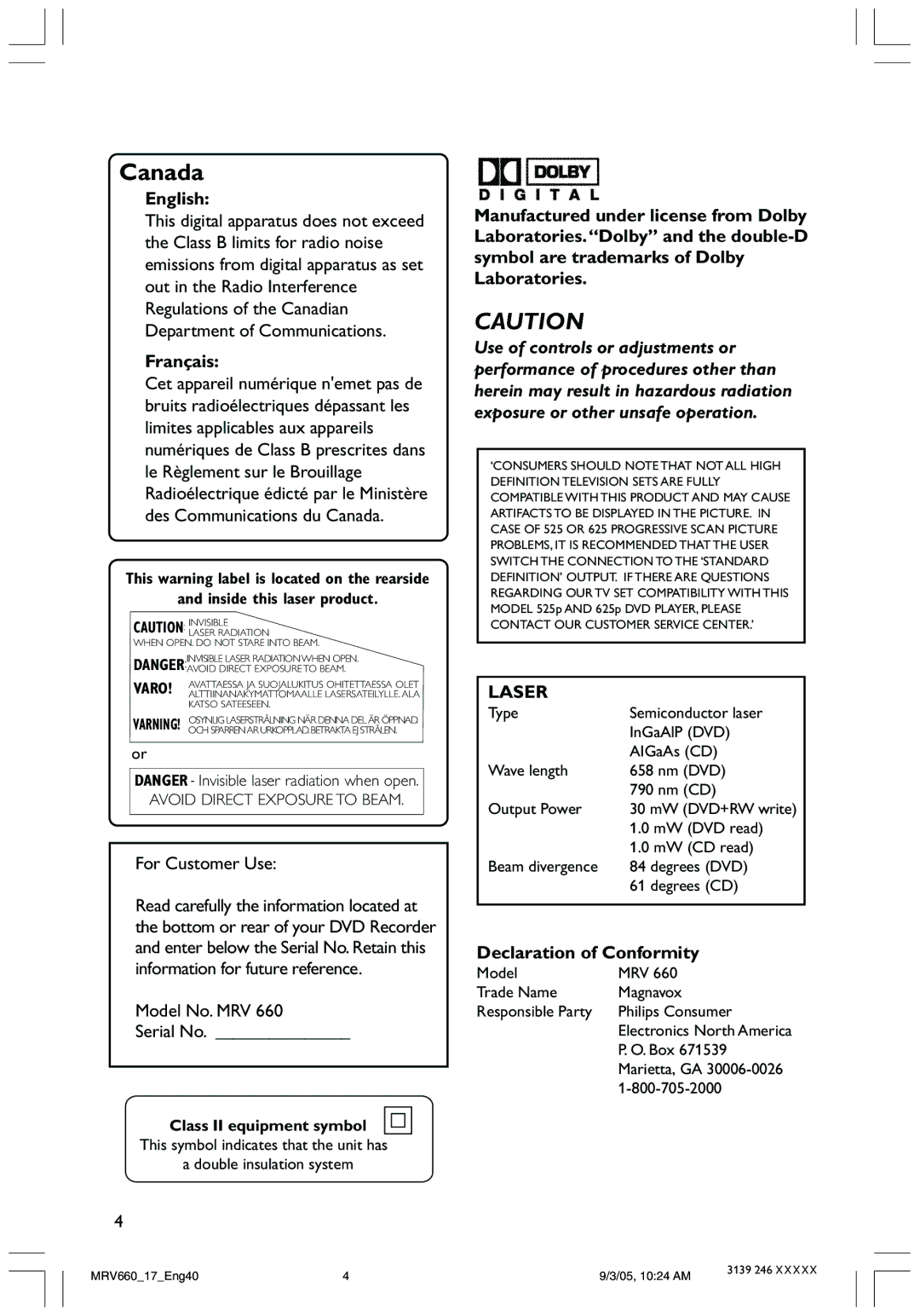 Magnavox MRV660 user manual English, Français, Laser, Declaration of Conformity 