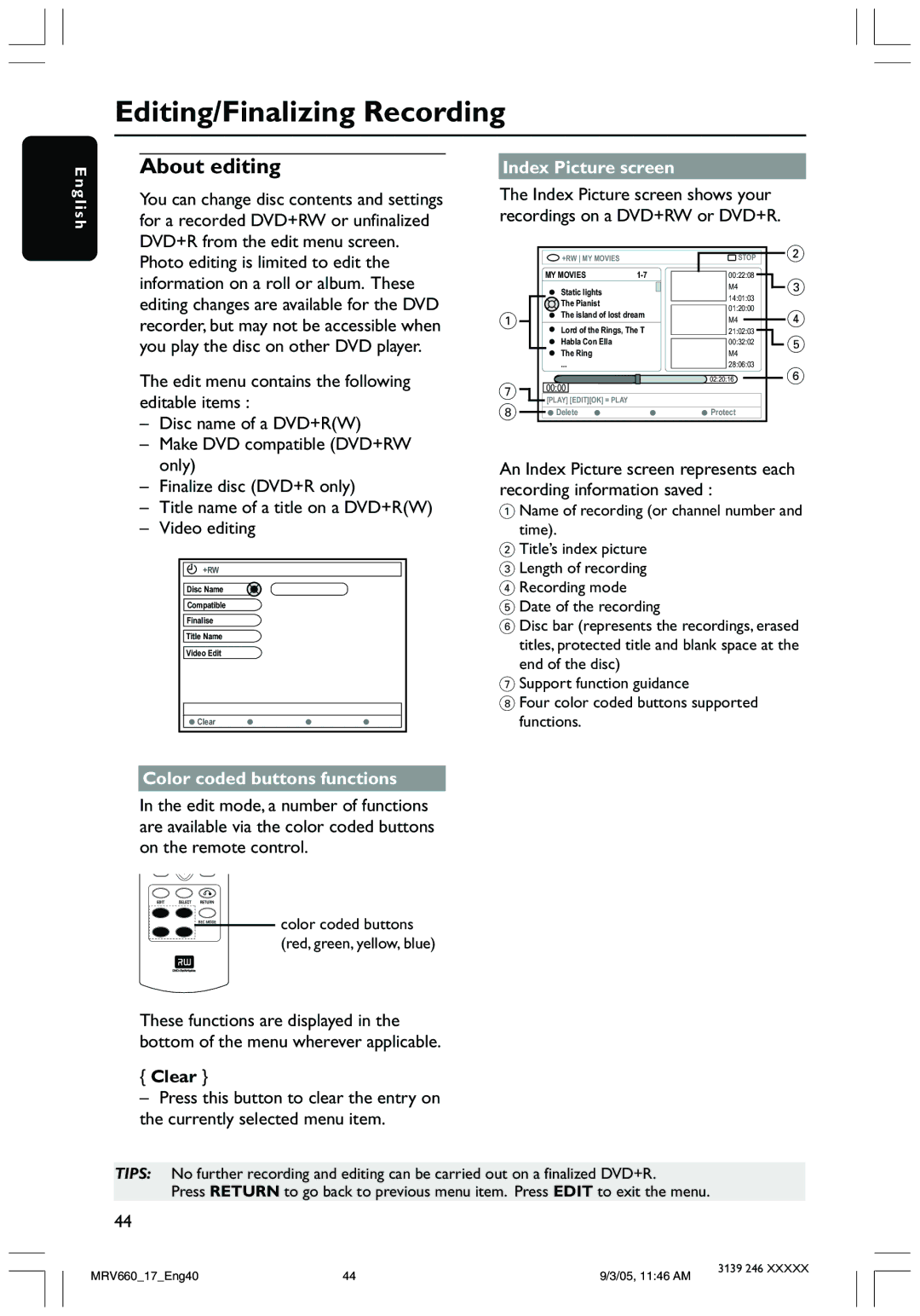 Magnavox MRV660 Editing/Finalizing Recording, About editing, Index Picture screen, Color coded buttons functions, Clear 