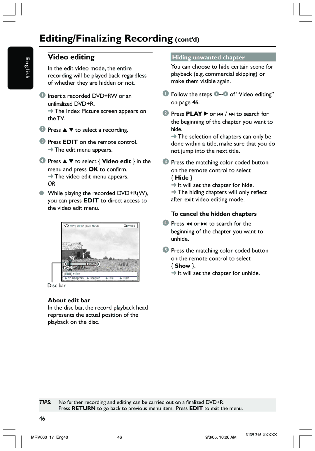 Magnavox MRV660 user manual Hiding unwanted chapter, Hide, To cancel the hidden chapters, Show, About edit bar 