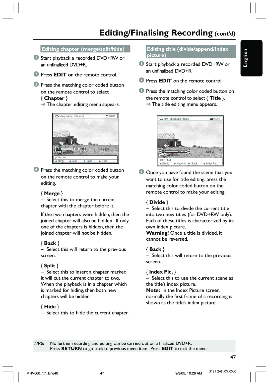 Magnavox MRV660 user manual Editing/Finalising Recording cont’d, Editing chapter merge/split/hide 