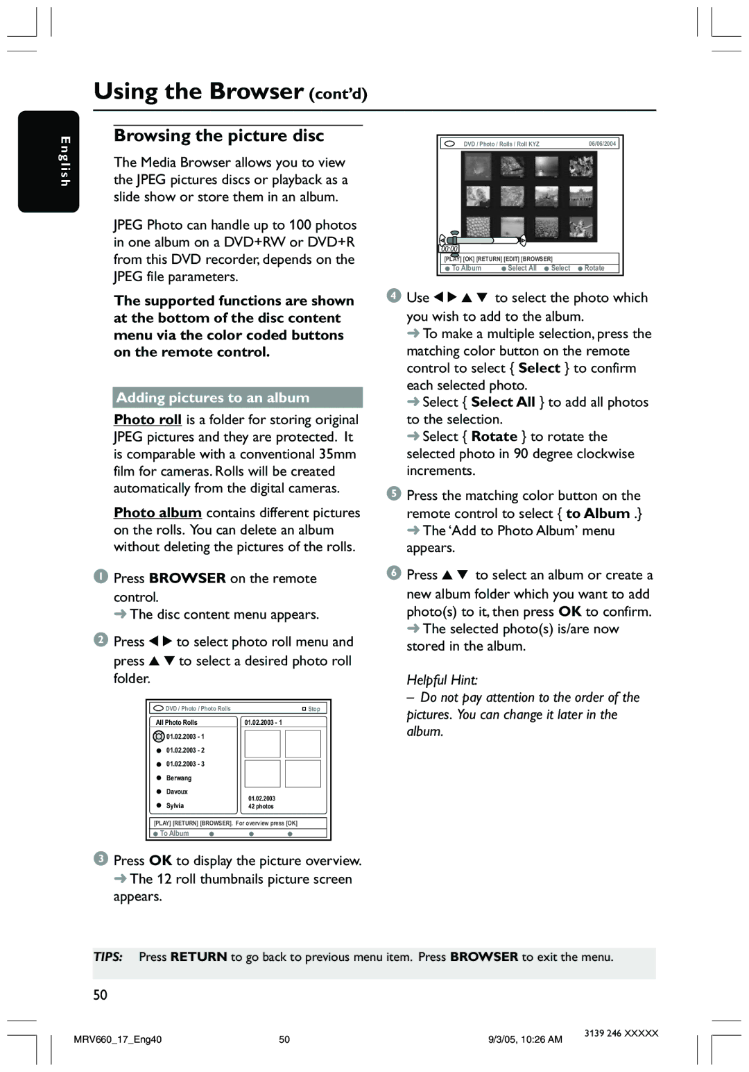 Magnavox MRV660 user manual Using the Browser cont’d, Browsing the picture disc, Adding pictures to an album 