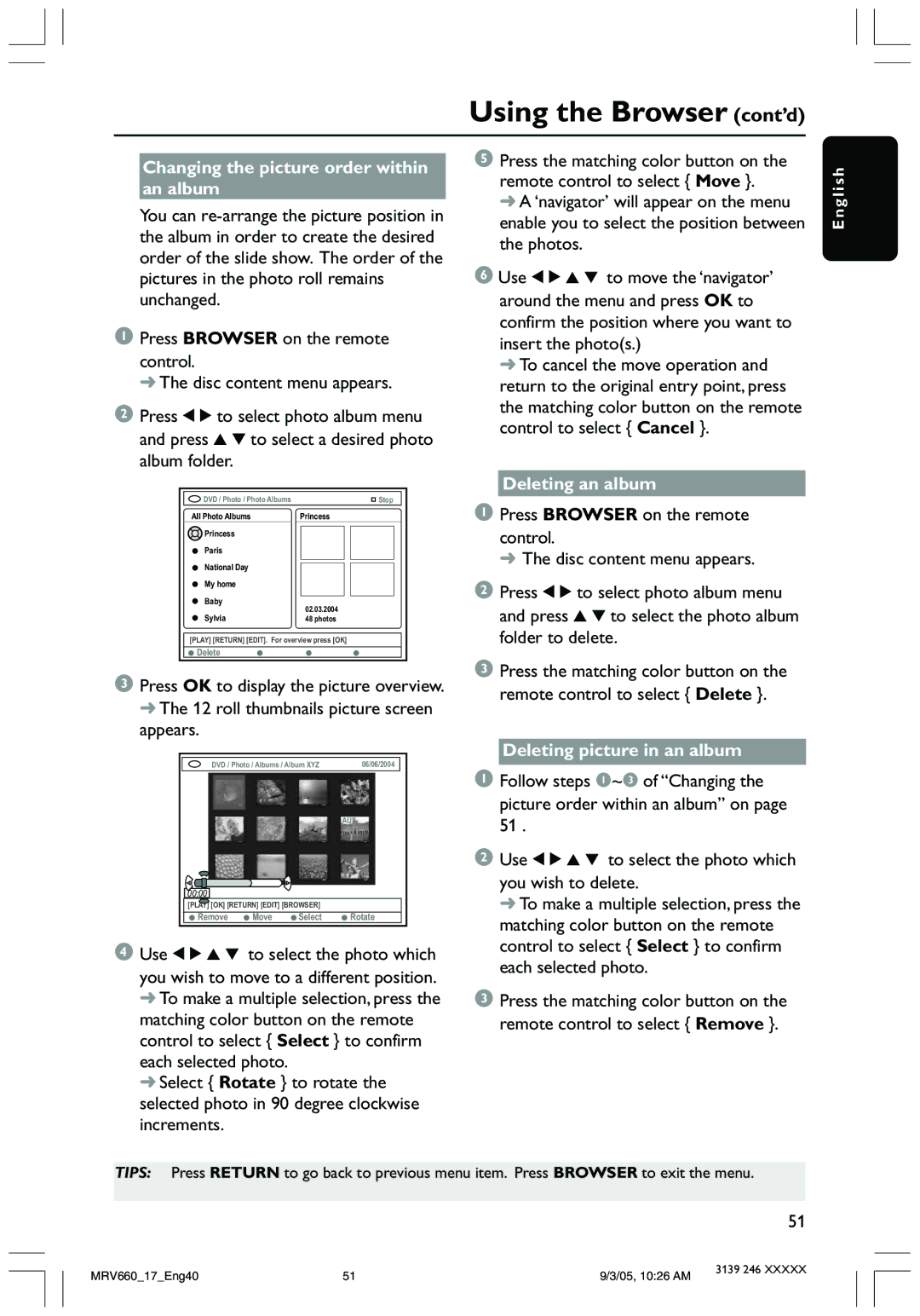 Magnavox MRV660 user manual Changing the picture order within an album, Deleting an album, Deleting picture in an album 