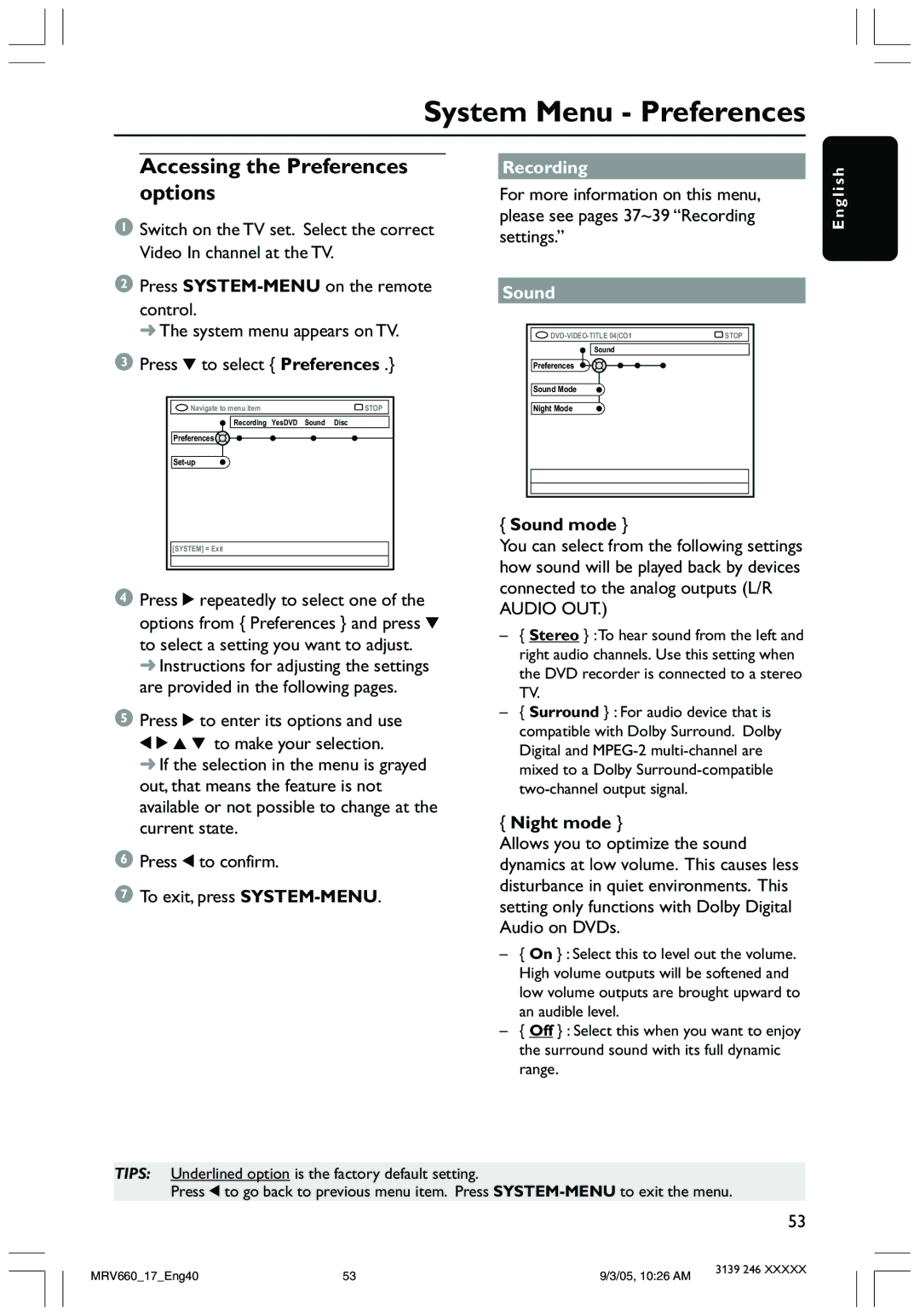 Magnavox MRV660 user manual System Menu Preferences, Accessing the Preferences options, Recording, Sound 